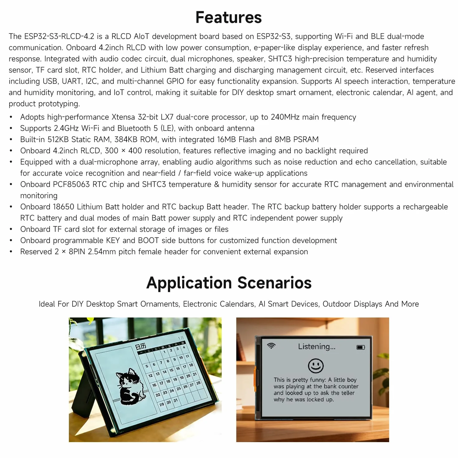 Waveshare ESP32-S3 4.2inch RLCD Development Board, 300 x 400 Resolution, Supports Wi-Fi & BLE Dual-Mode Communication And AI Voice Interaction, without Batt