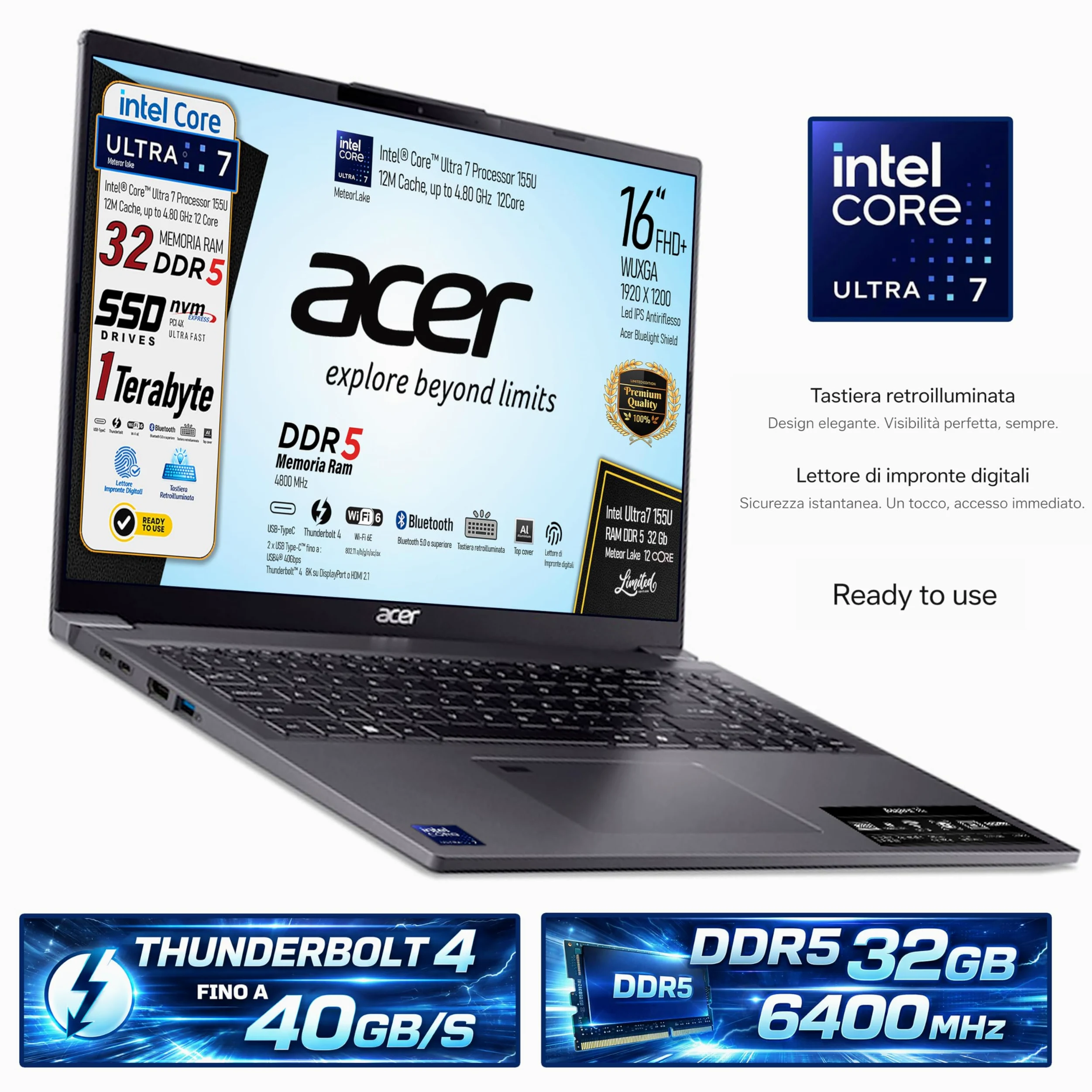 Acer Notebook, Intel Ultra7 155U Meteor Lake, Ram DDR5 32Gb, SSD Pci da 1 Tb, Display WUXGA 16" FHD+, Tastiera qwerty retroilluminata, fingerprint, Wi-Fi 6, thunderbolt 4, Hdmi, pronto all'uso