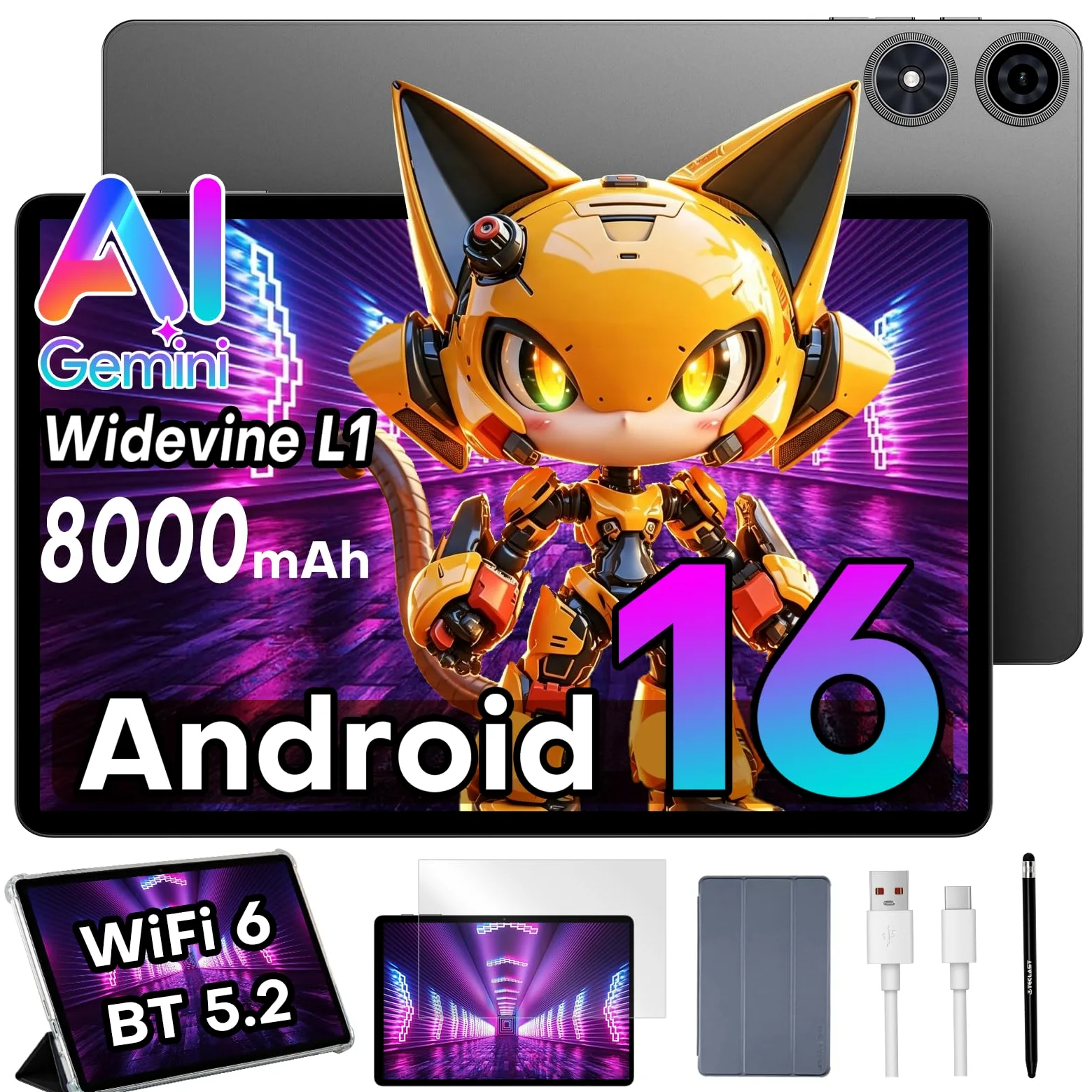 TECLAST P50T Tablet 11" 90Hz Android 16, 16GB+128GB 8000mAh BT 5.2 WiFi 6 | Gemini AI/TF 5TB/13+5MP/Widevine L1/2GHz Octa-Core/GPS/OTG, Tablet con Custodia+Penna