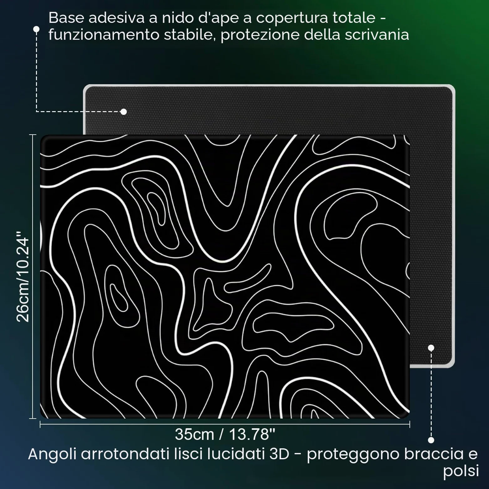 DAWNTREES Tappetino per mouse da gioco in vetro, tracciamento preciso e veloce, in vetro temperato, base in gomma antiscivolo, tappetino XL per gamer, ufficio e casa, topografico nero