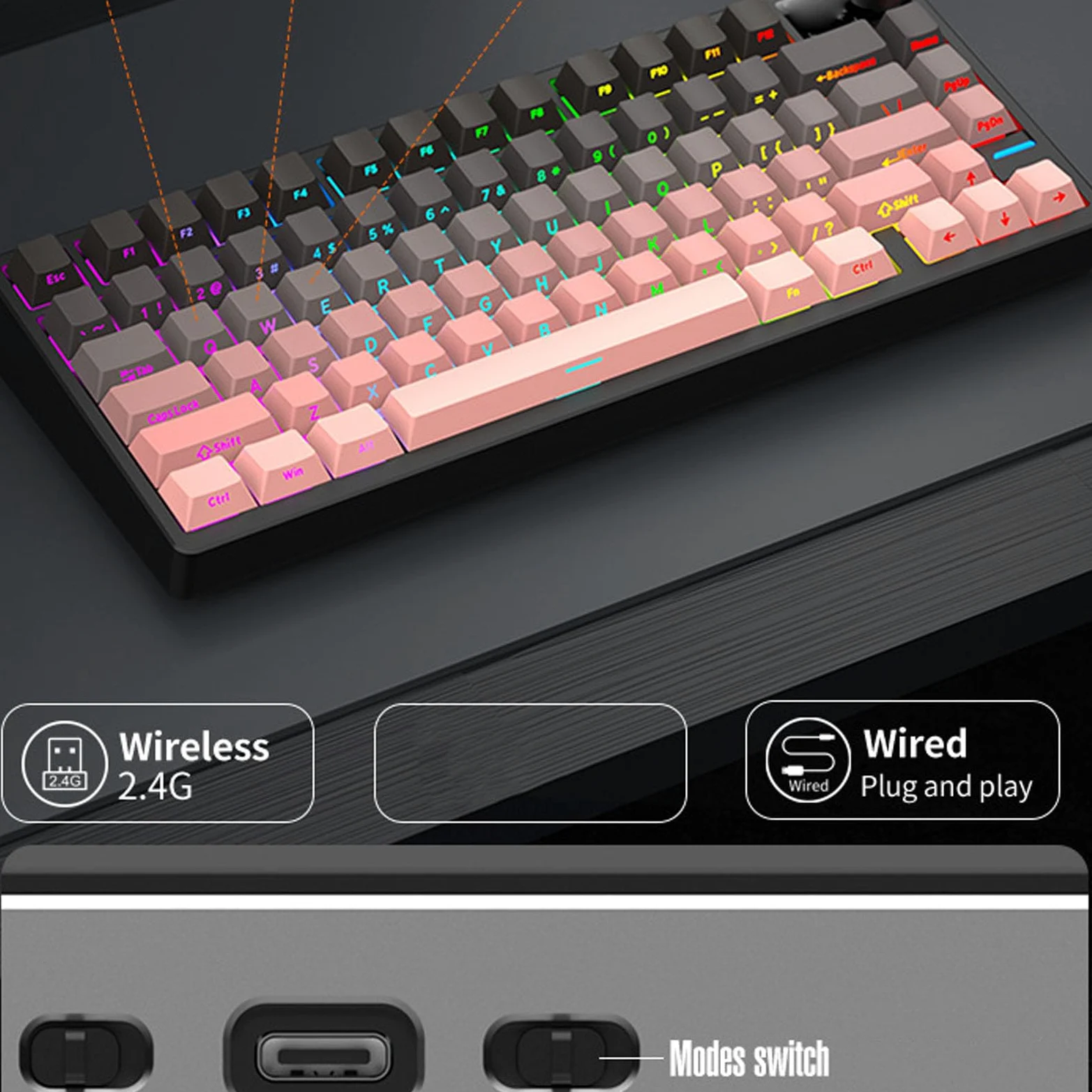 Asixxsix Tastiera da Gioco Meccanica, 3 modalità Wireless Bluetooth 2.4G Cablata con Batteria da 4000 MAh, Interruttori Sostituibili a Caldo, Copritasti PBT a 79 Tasti, (Rosa)