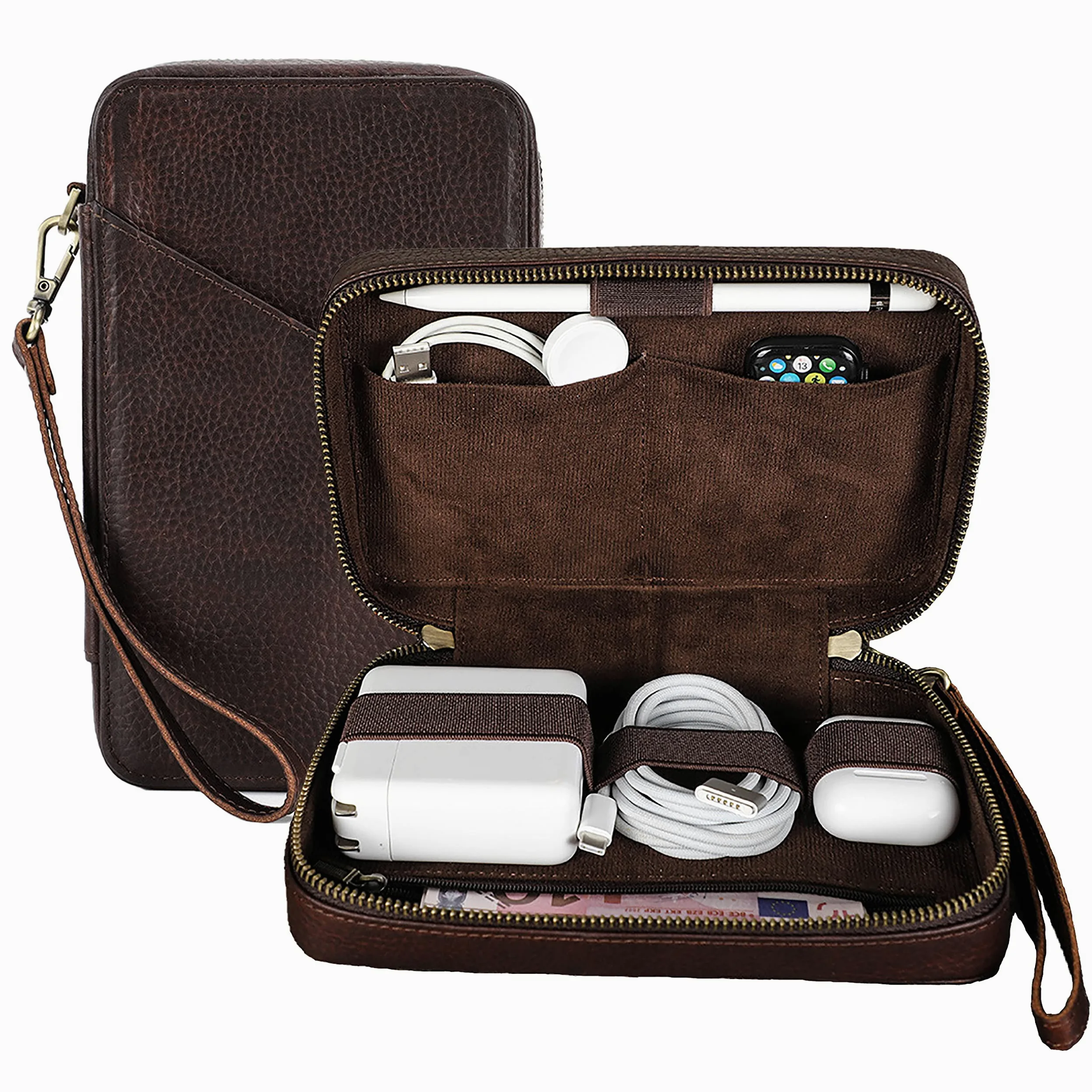 Organizer da viaggio in vera pelle per cavi USB, schede SD, caricabatterie, passaporto, contanti, telefono, orologio, penna elettronica