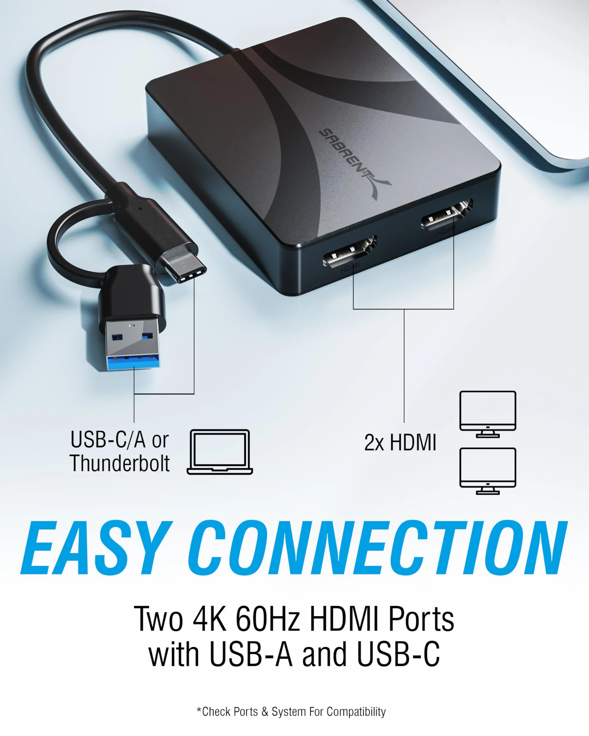 SABRENT Adattatore da USB tipo C/A a doppio HDMI, 4K a 60Hz, modalità estesa e specchio, compatibile con Alt Mode + DisplayLink, audio stereo/5.1, supporto HDCP, alloggiamento in alluminio, Plug