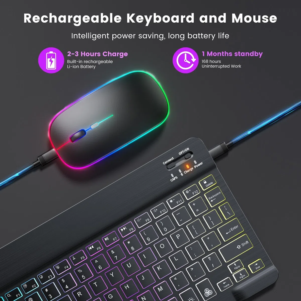 Tastiera wireless e retroilluminazione del - 2 modalità di luce tastiera con set di RGB a 7 colori | Tastiera ergonomica e combo del per laptop, PC e tablet, elegante e funzionale pe