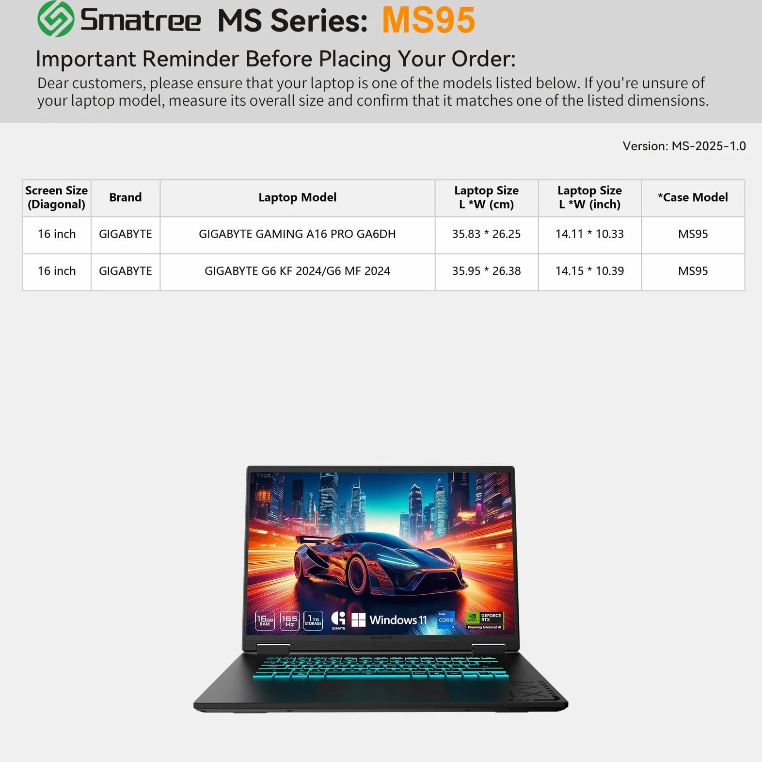 Smatree MS95 custodia rigida in EVA idrorepellente con supporto per 16 pollici GIGABYTE G6 KF/MF 2024 Gaming portatile, idrorepellente e antiurto portatile borsa