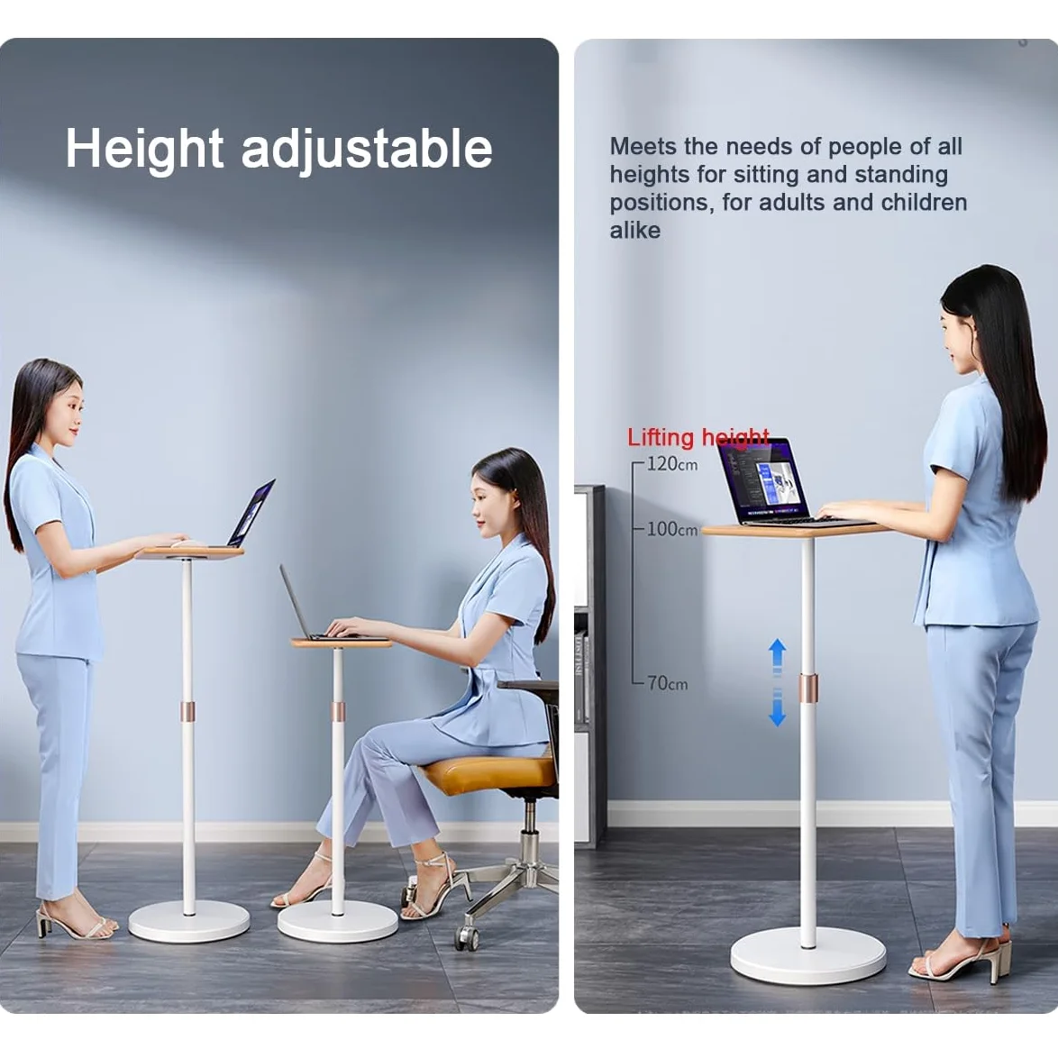 Supporto regolabile per laptop e proiettore in piedi e seduto, altezza da 69,8 cm a 119,4 cm, supporto regolabile con scrivania in legno per ufficio e uso domestico