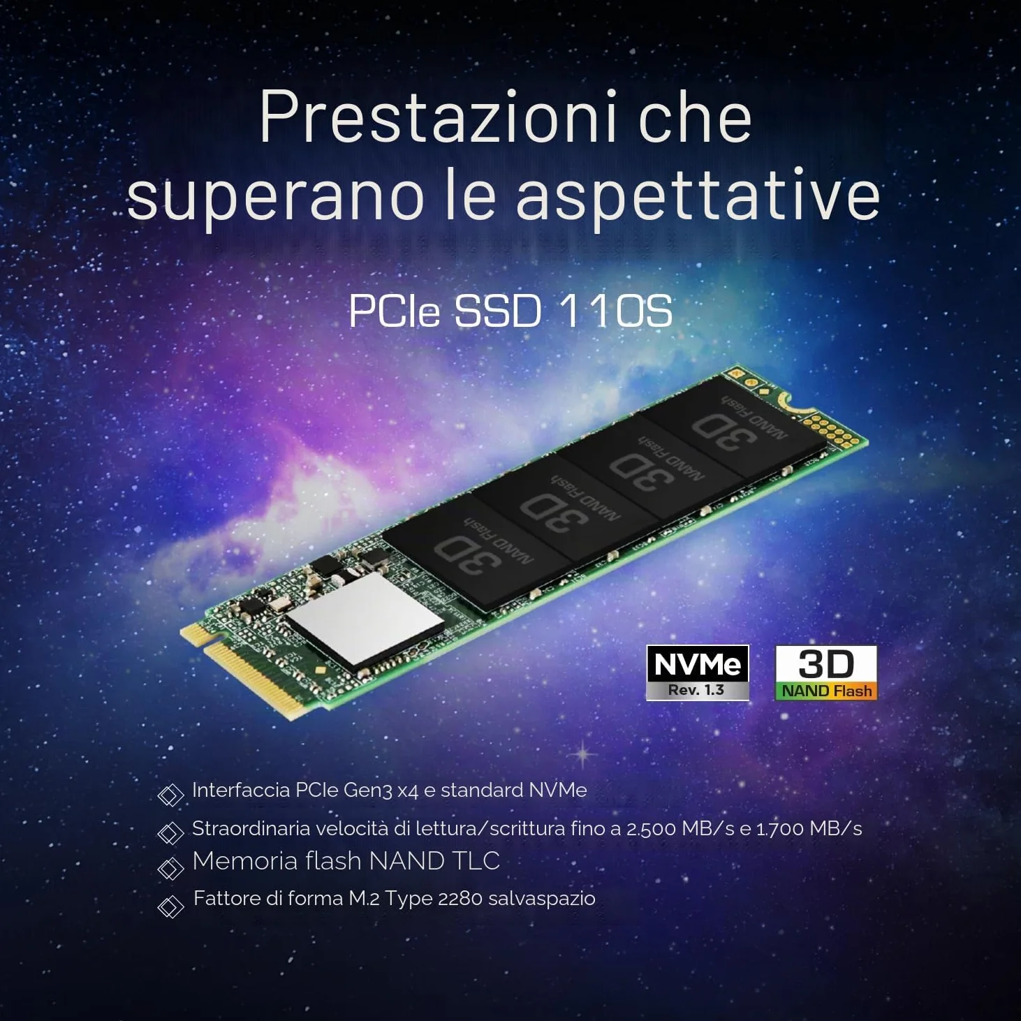 Transcend SSD interno MTE110S NVMe PCIe Gen3 x4 M.2 2280 da 512 GB, memoria 3D TLC NAND - TS512GMTE110S