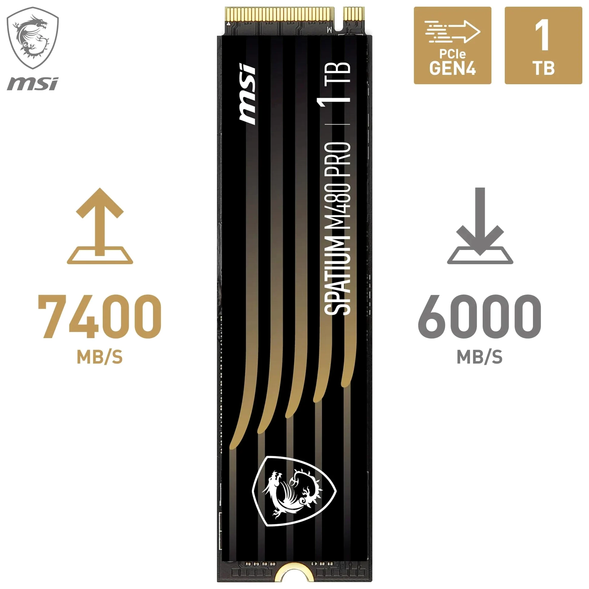 MSI SPATIUM M480 PRO SSD 1TB – SSD Interno M.2 NVMe PCIe 4.0, 7400 MB/s in Lettura & 6000 MB/s in Scrittura, 3D NAND, Sicurezza Dati Integrata, Center – Garanzia 5 Anni (700 TBW)