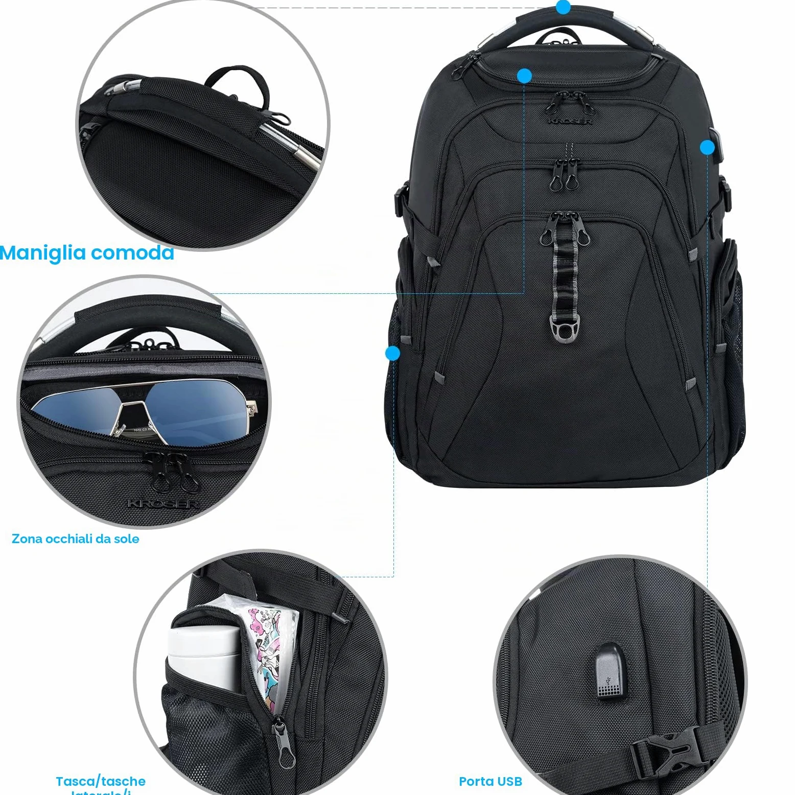 KROSER Zaino Business Porta Pc Zaino Per Laptop da 17,3 Pollici XL Zaino per Computer con Tasche RFID Saferoom con Guscio duro Daypack Idrorepellente Scuola Borsa per Laptop Viaggio/Uomo/Donna-Nero