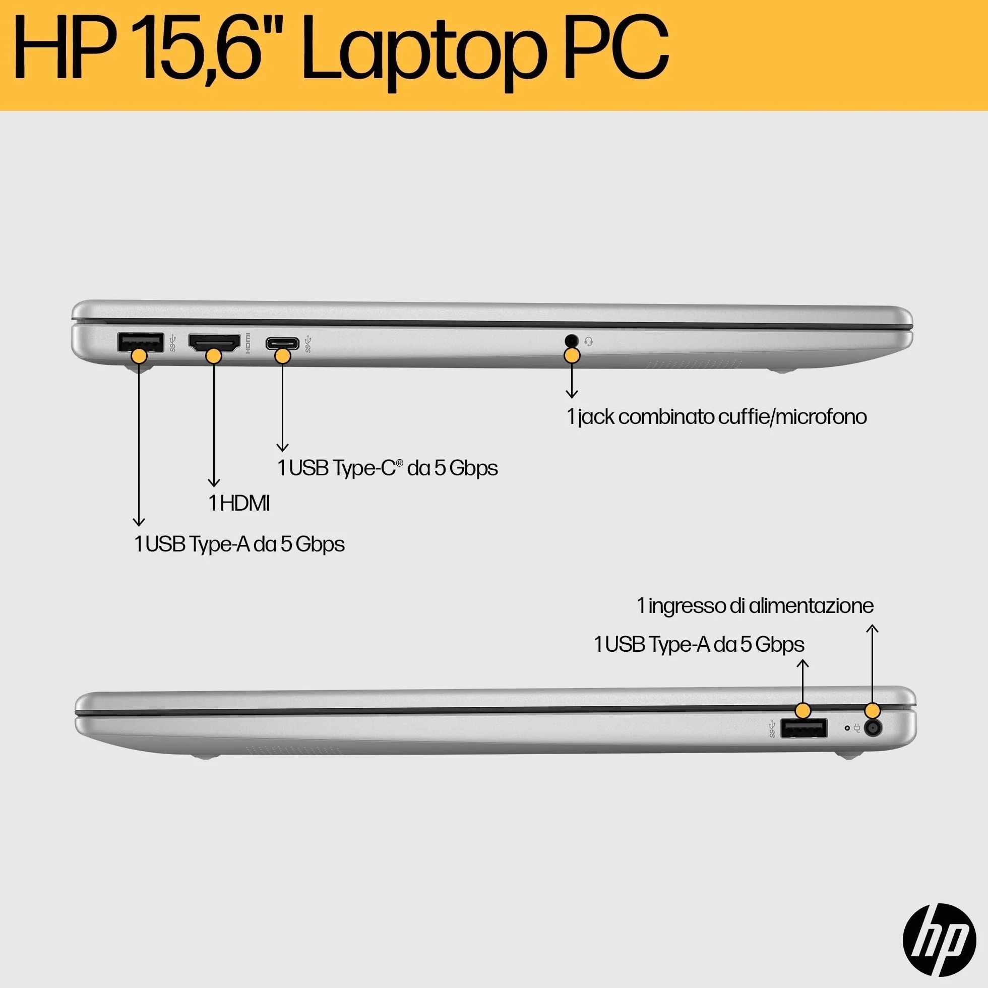 HP Laptop 15-fd0021sl, PC Portatile 15", Display FHD, Notebook, (Intel Core 3 100U, RAM 8GB, SSD 256GB, Windows 11), Computer Portatile, Uso quotidiano, Tastiera Italiana, QWERTY, Argento