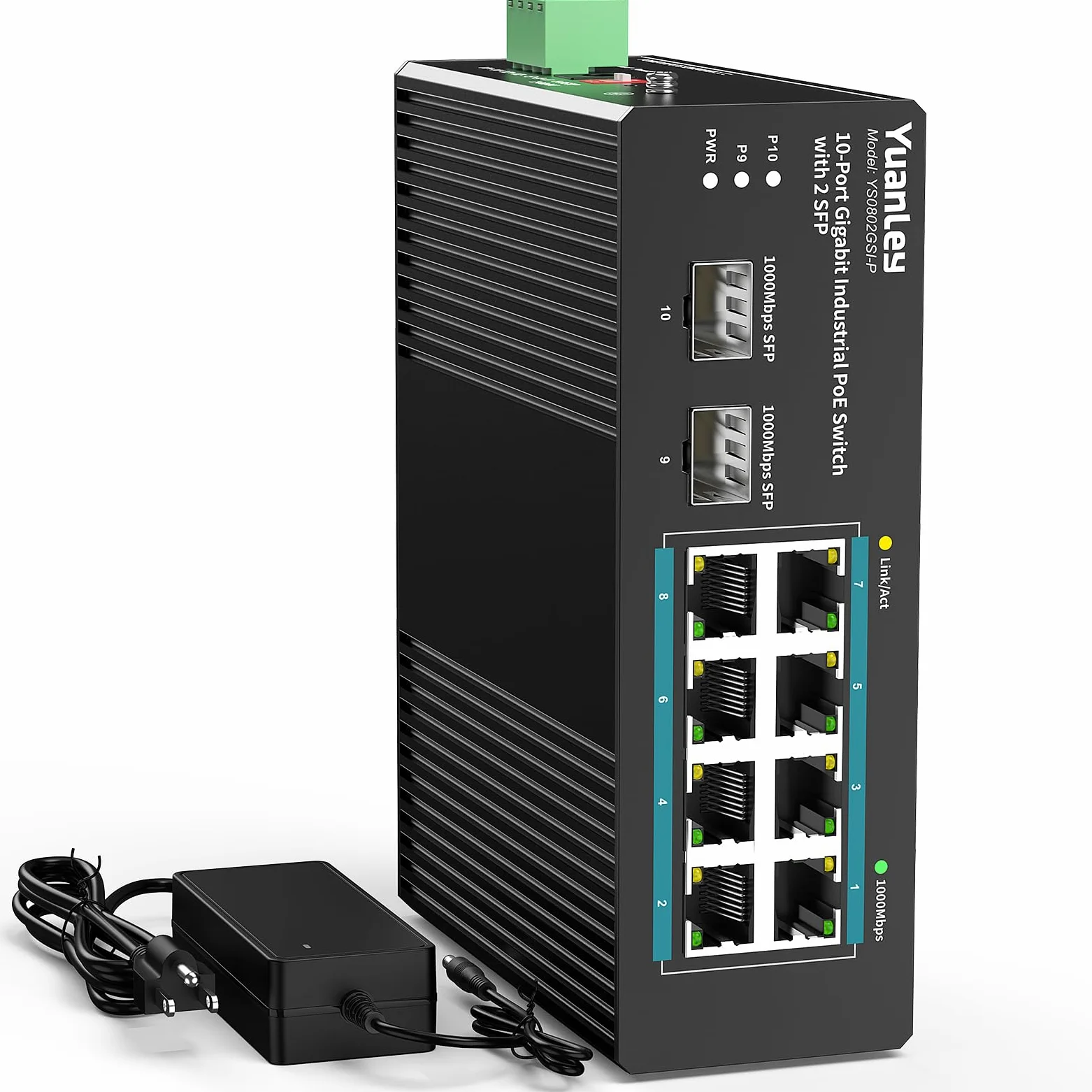 YuanLey Switch Industriale 10 Porte con 8 Porte PoE Gigabit & 2 Porte SFP, Switch PoE Non Gestito con Alimentatore 120W, IEEE802.3af/at, VLAN & RSTP, Switch Din-Rail per Telecamere IP, AP