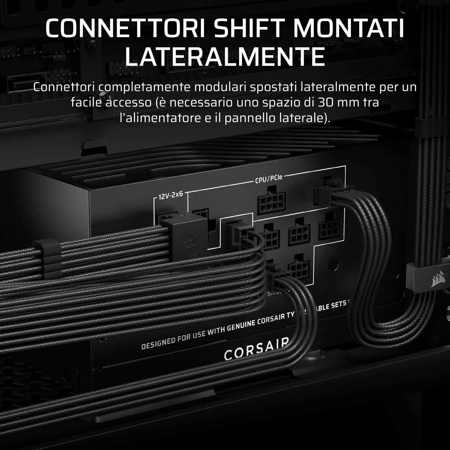 CORSAIR RM1000x SHIFT (2025) Alimentatore ATX Completamente Modulare - Interfaccia Laterale Modulare, Cavo Nativo 12V-2x6, ATX 3.1 e PCIe 5.1, Condensatori a 105°C, Cybenetics Gold - Nero