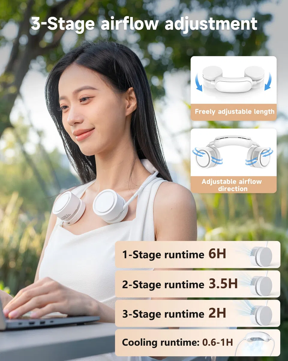 ViSSKO Nuovo 2026 Ventilatore da Collo con Raffreddamento, Supporto Cervicale Personale Senza Mani,3Velocità, Batteria Ricaricabile 1600mAh USB-C,per Lavoro,Viaggi,Sport all'Aperto,Casa Bianco