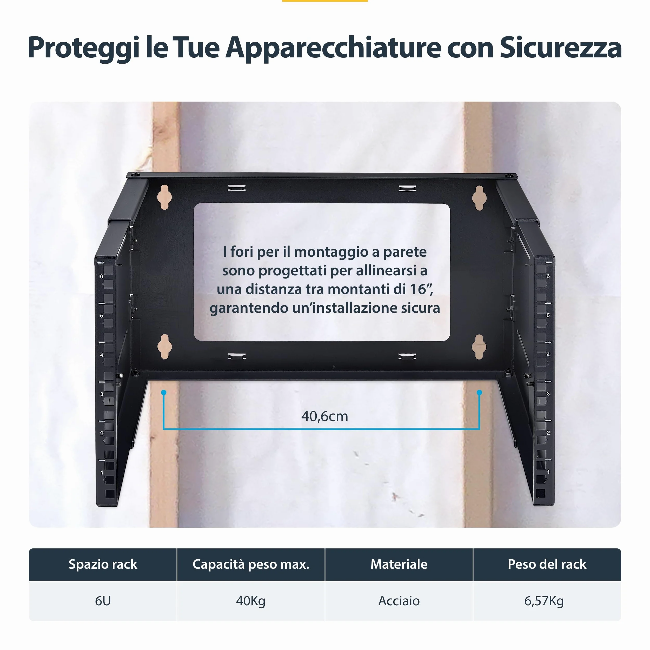 StarTech.com Staffa Rack 19" 6U a Parete, Rack a Telaio Aperto con 2 Montanti e Profondità Regolabile fino a 40cm, Max 40kg