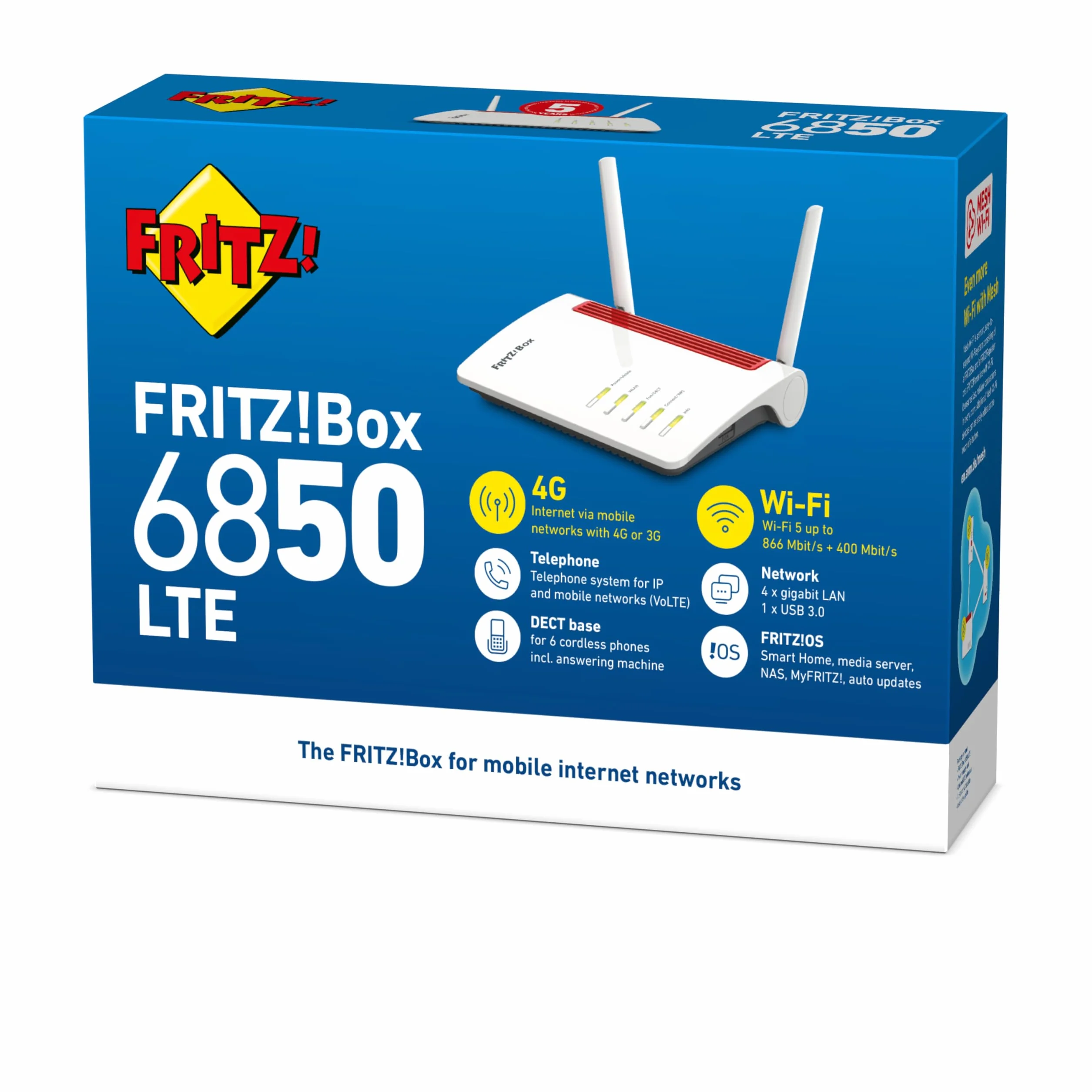 AVM FRITZ!Box 6850 LTE Edition International, Modem Router 4G/3G con Wi-Fi Dual Band fino a 1.266 Mbit/s, Mesh, 4x Gigabit Lan, 1x USB 3.0, VoIP, Base Dect, SIM Slot, Interfaccia in Italiano