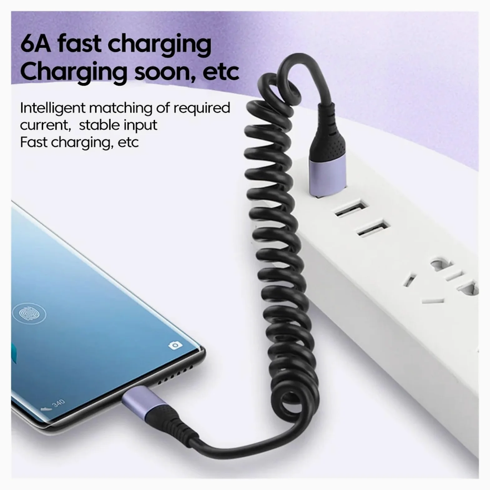 Cavo USB C a gomito a molla, 6 A, 66 W, ricarica rapida, tipo C, per iPhone e Samsung (100 W da C a C)