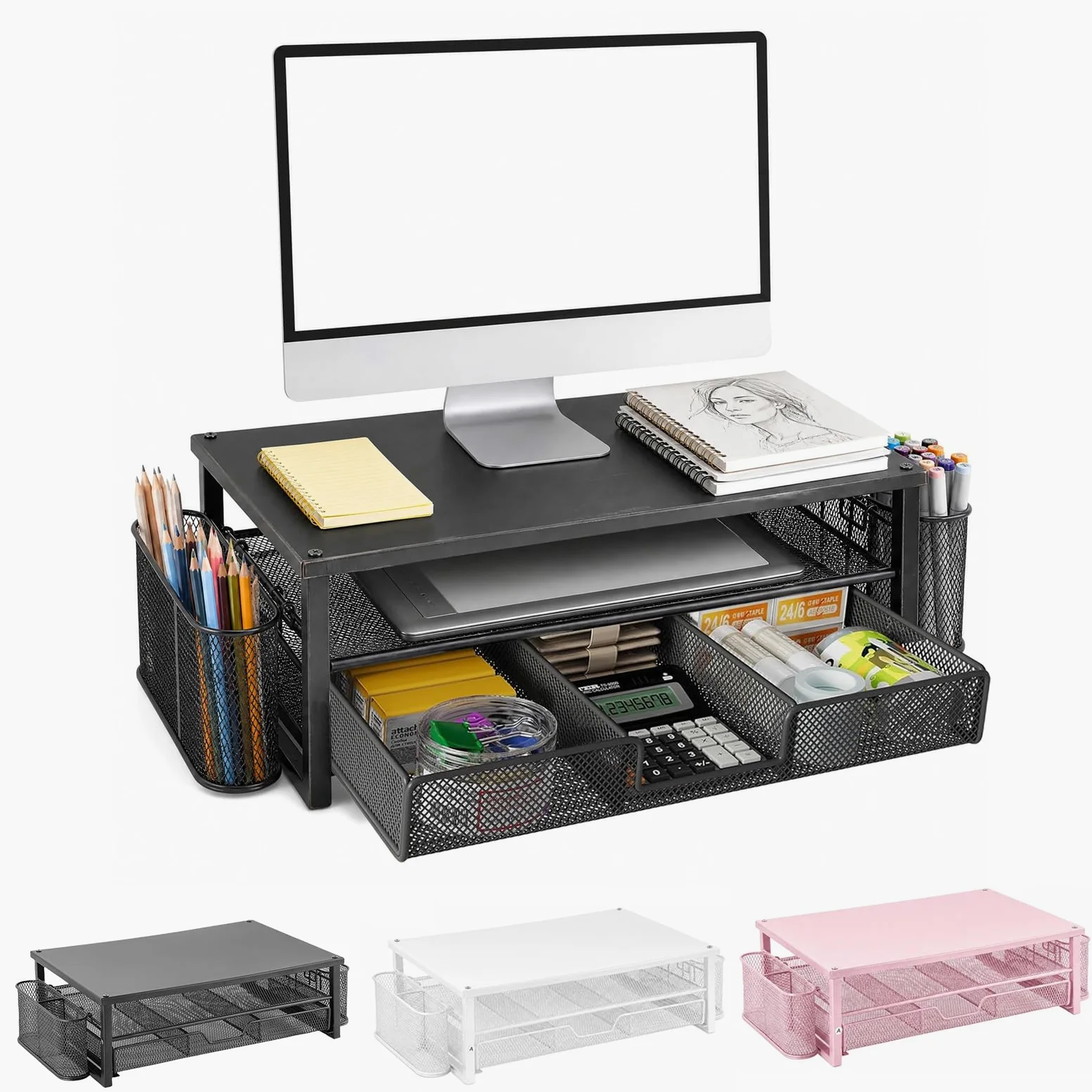 Supporto per monitor con cassetto e 2 portapenne, rialzo ergonomico da scrivania per laptop e schermo, organizer multifunzionale a 2 livelli per ufficio e home office (nero)