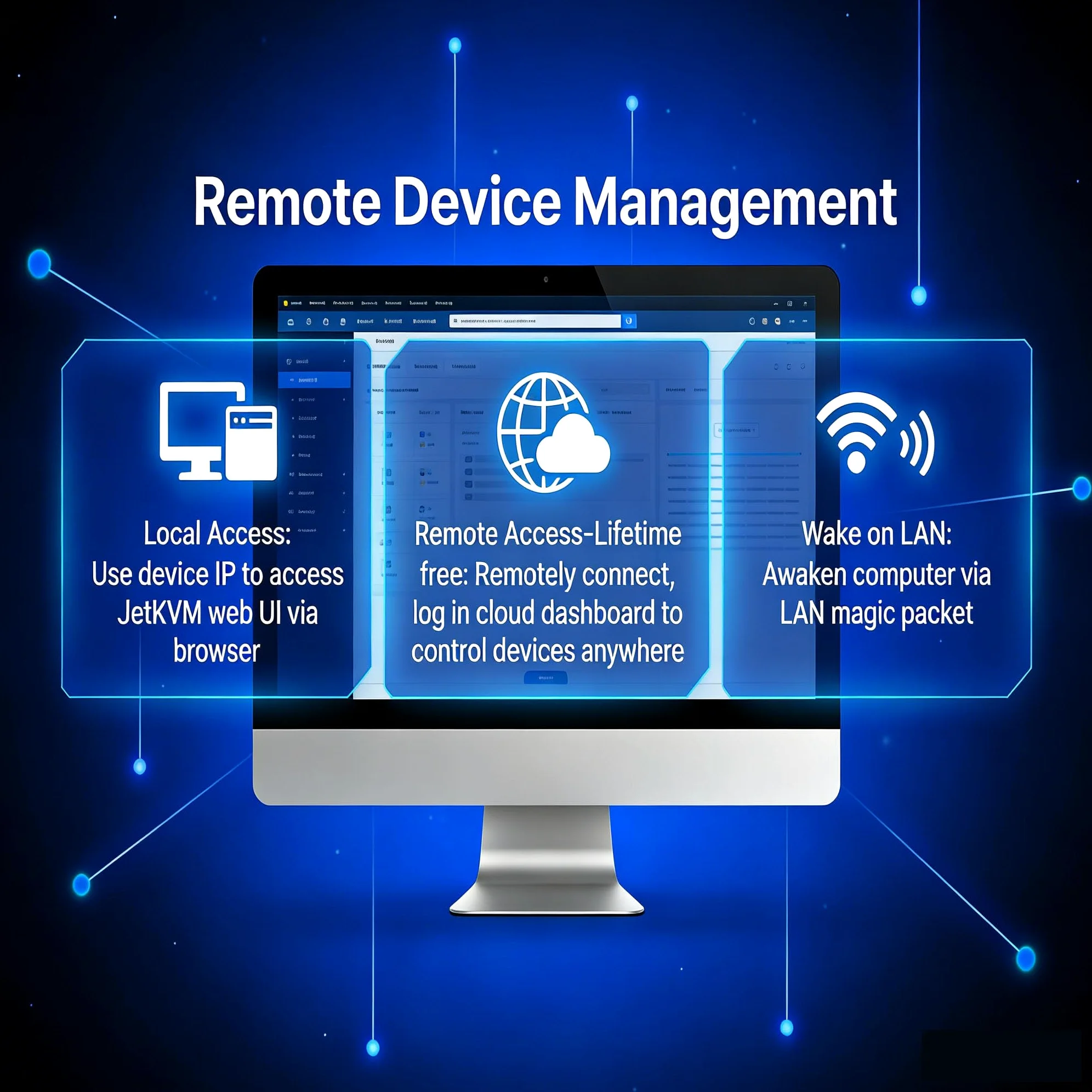 Open Source IP KVM Switch JetKVM Computer controllo remoto computer dispositivi attivi lP/MAC/HDMl/USB Stato LCD USB-C (alimentazione/tastiera/mouse) Mac/Windows/Linux (video operativo incluso)