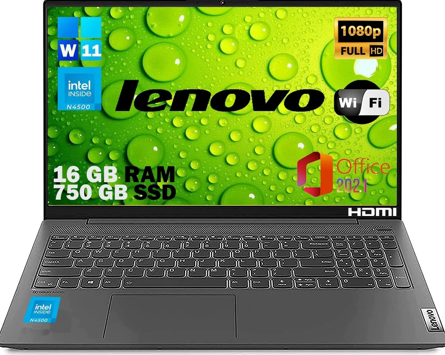 Lenovo, Pc portatile notebook pronto all'uso, Display FHD da 15,6", cpu N4500, ram 16Gb, ssd Nvme 500Gb, win 11 pro, Mouse Wifi