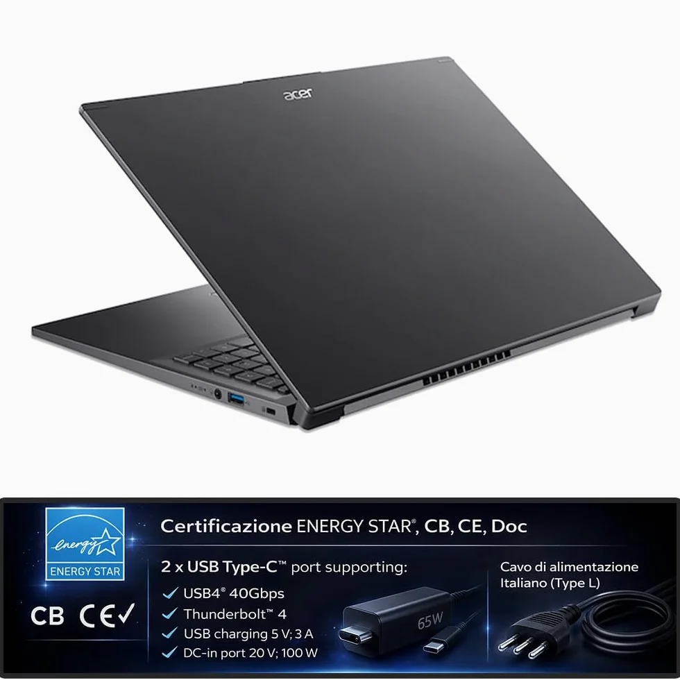 Acer Notebook, Intel Ultra7 155U Meteor Lake, Ram DDR5 32Gb, SSD Pci da 1 Tb, Display WUXGA 16" FHD+, Tastiera qwerty retroilluminata, fingerprint, Wi-Fi 6, thunderbolt 4, Hdmi, pronto all'uso