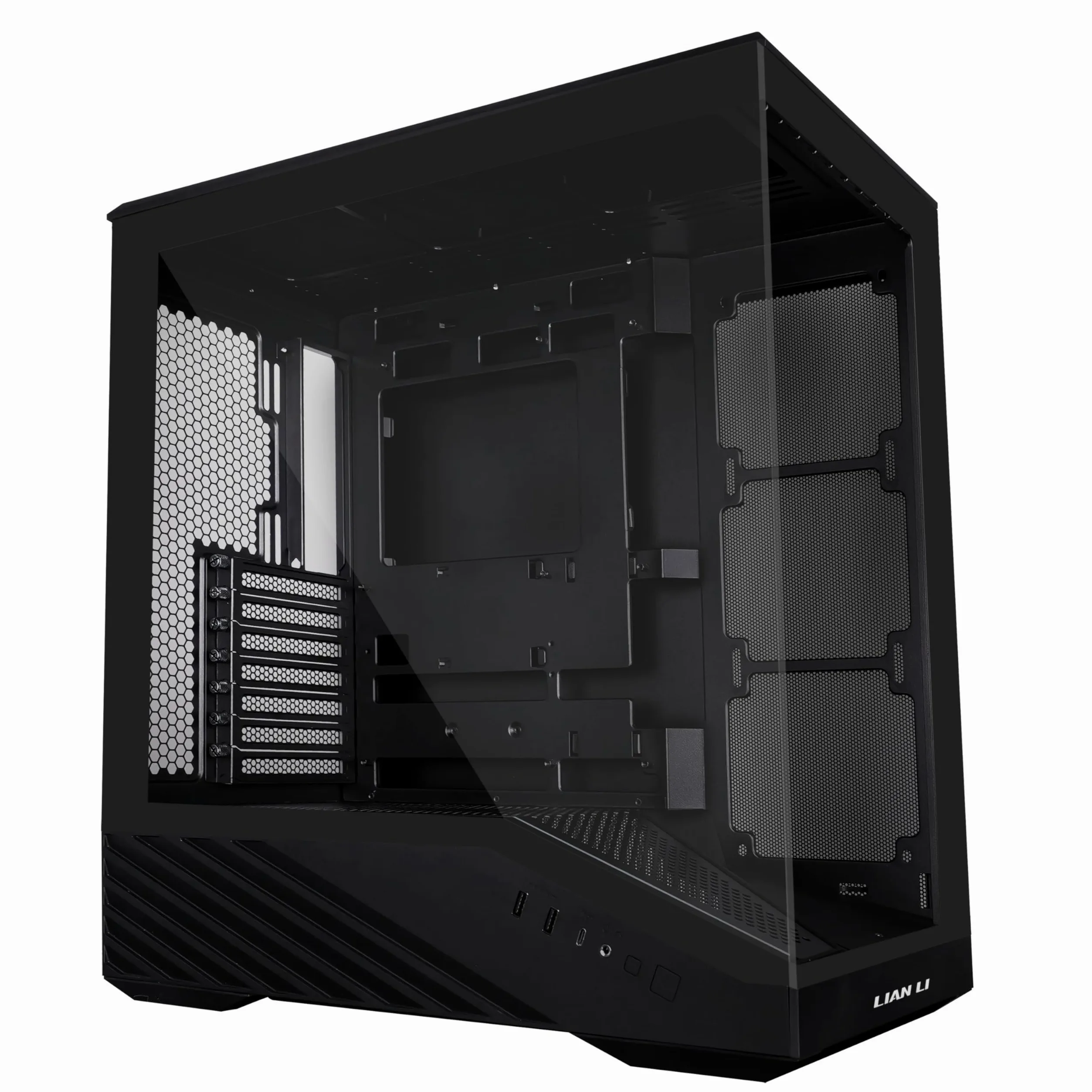 Lian Li Case per PC Mid-Tower V100 ATX, striscia LED RGB, design della piattaforma display con vetro temperato, supporto GPU da 415 mm, radiatore da 360 mm, I/O laterale e flusso d'aria ottimizzato