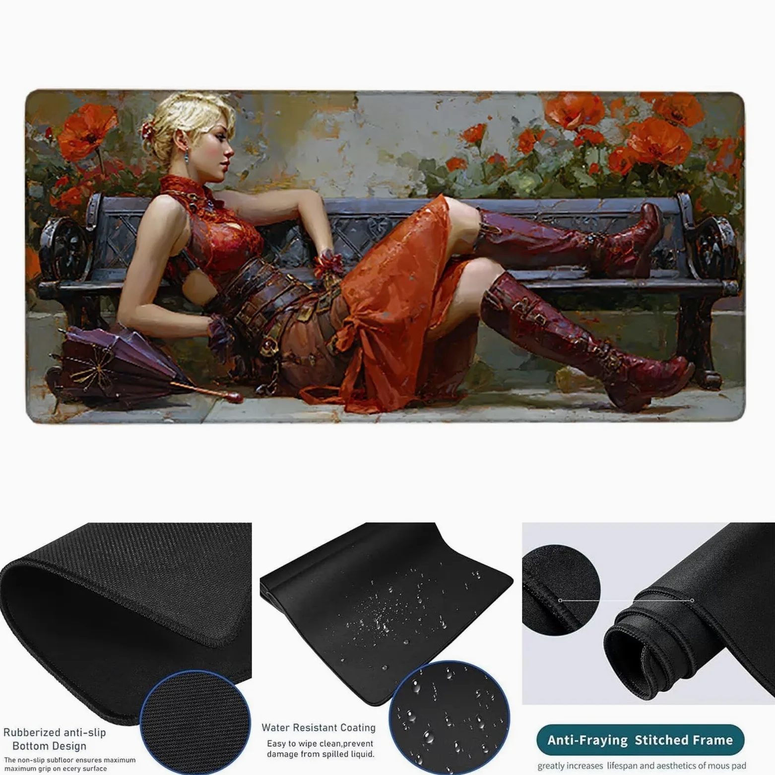 Tappetino Mouse Gaming Rosso Tappetino Mouse XXL 1000x500x3 mm, Fiore Mousepad Accessori Gaming con Bordi Cuciti, Sottomano Scrivania Migliorare la Precisione e la Velocità per Giocatori w-1462