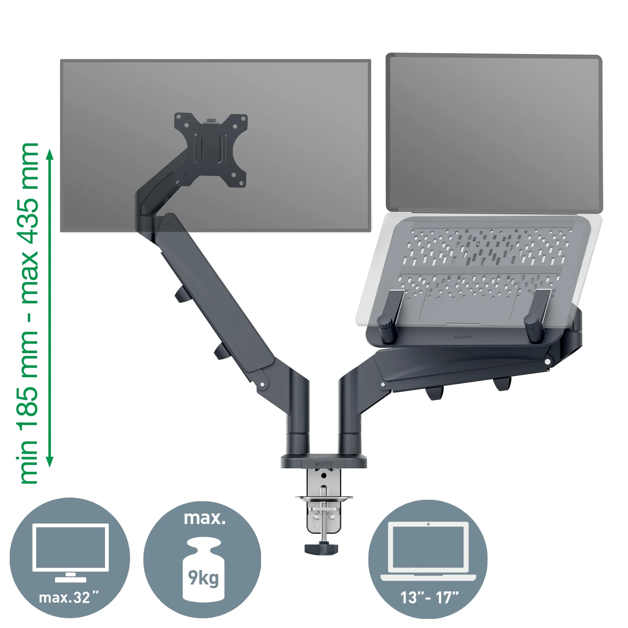 Leitz Ergo Braccio Doppio per Monitor e PC a molla, per Schermi fino a 32 " e ad un Peso di 9 kg, Salvaspazio ed Ergonomico, Grigio Scuro, 65380089