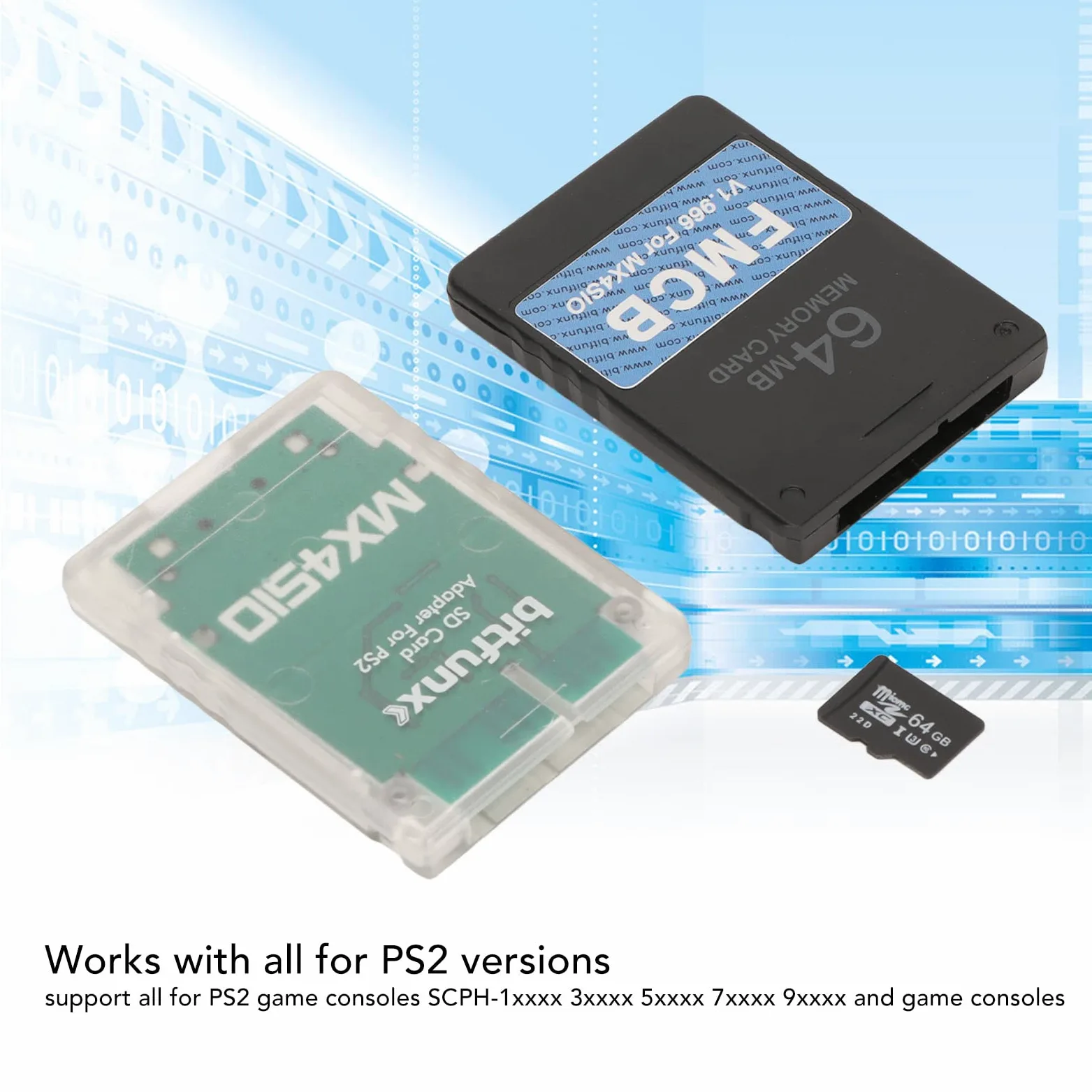 MX4SIO SIO2SD Adattatore per schede TF con scheda TF 64G, per console di gioco PS2 Adattatore di espansione della memoria della scheda FMCB adatto per console grasse OPL 1.2.0