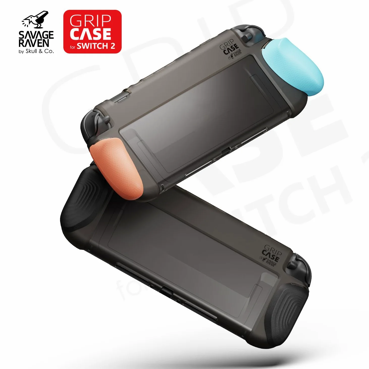 Savage Raven by Skull & Co. GripCase Bundle for Nintendo Switch 2: Dockable Soft Protective Case with Replaceable Grips [to fit all hands sizes], with Hard Shell Huge Carrying Case, Neon Blue & Red