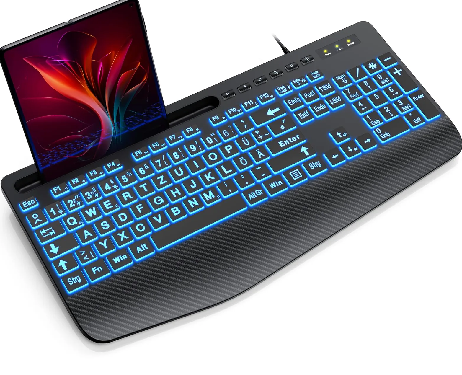 SABLUTE Tastiera Cavo USB illuminato ergonomico per PC - Retroilluminazione a 7 colori, grande pressione, supporto per telefono, facile da leggere