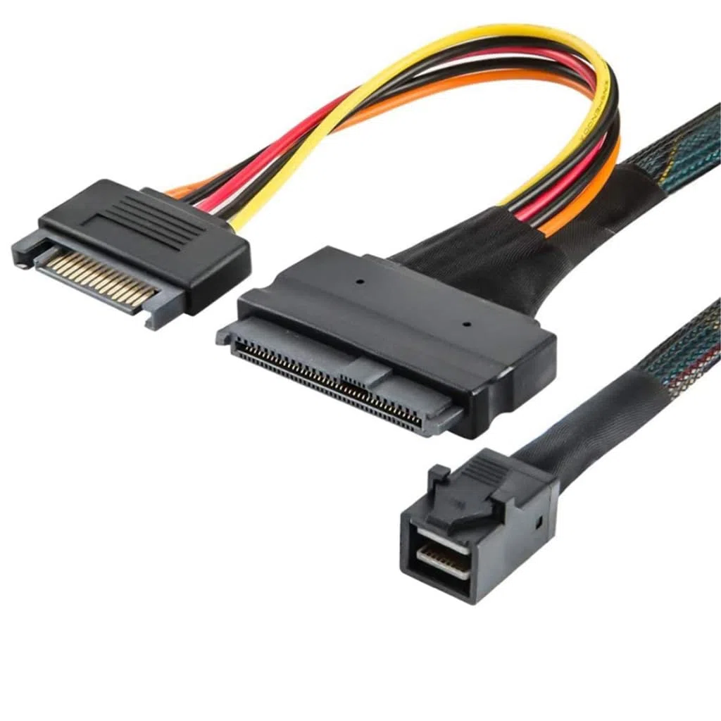 JMT Mini SAS HD SFF-8643 a SAS 8639 con SATA 15P maschio tipo Y cavo server (100 cm)