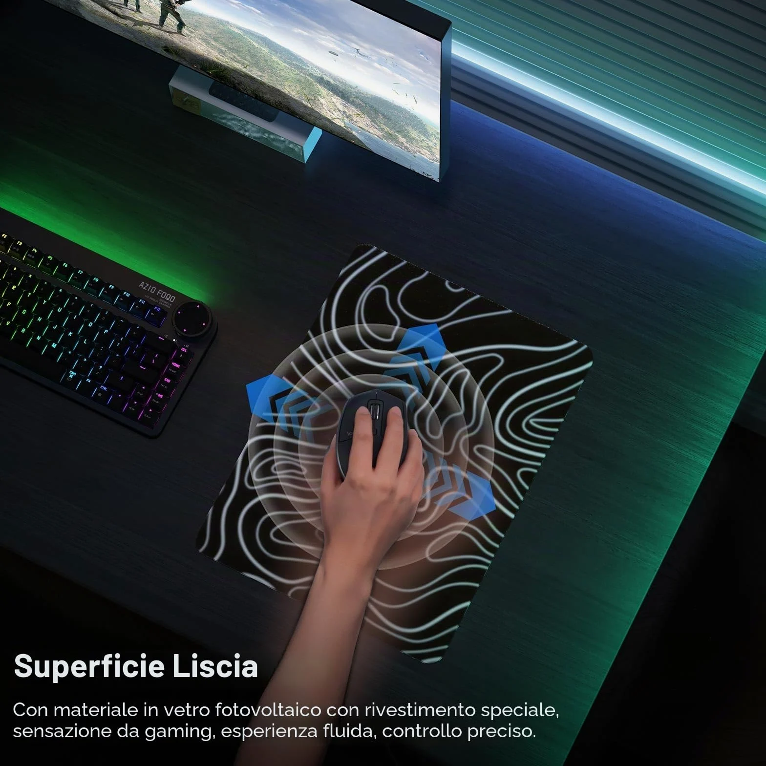 DAWNTREES Tappetino per mouse da gioco in vetro, tracciamento preciso e veloce, in vetro temperato, base in gomma antiscivolo, tappetino XL per gamer, ufficio e casa, topografico nero