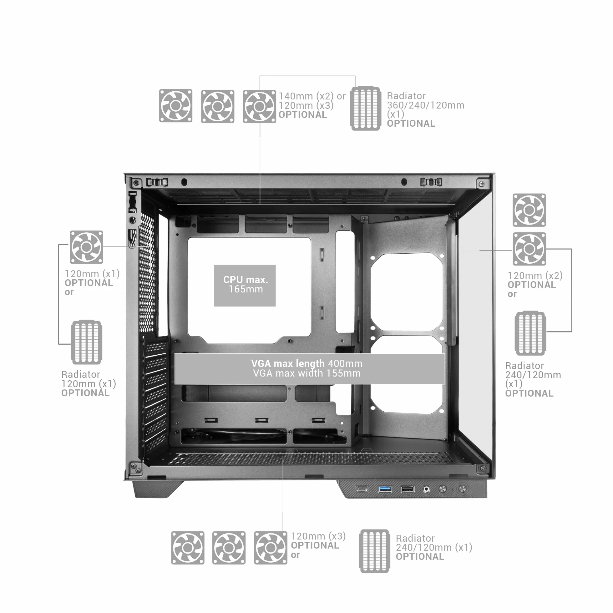 Mars Gaming MC-MIRAGE, Case Gaming ATX, Schermo LCD IPS 7,2” Personalizzabile, Vetro Temperato Continuo Frontale e Laterale, Struttura Doppia Camera, Supporto Raffreddamento Liquido fino 360mm, Nero