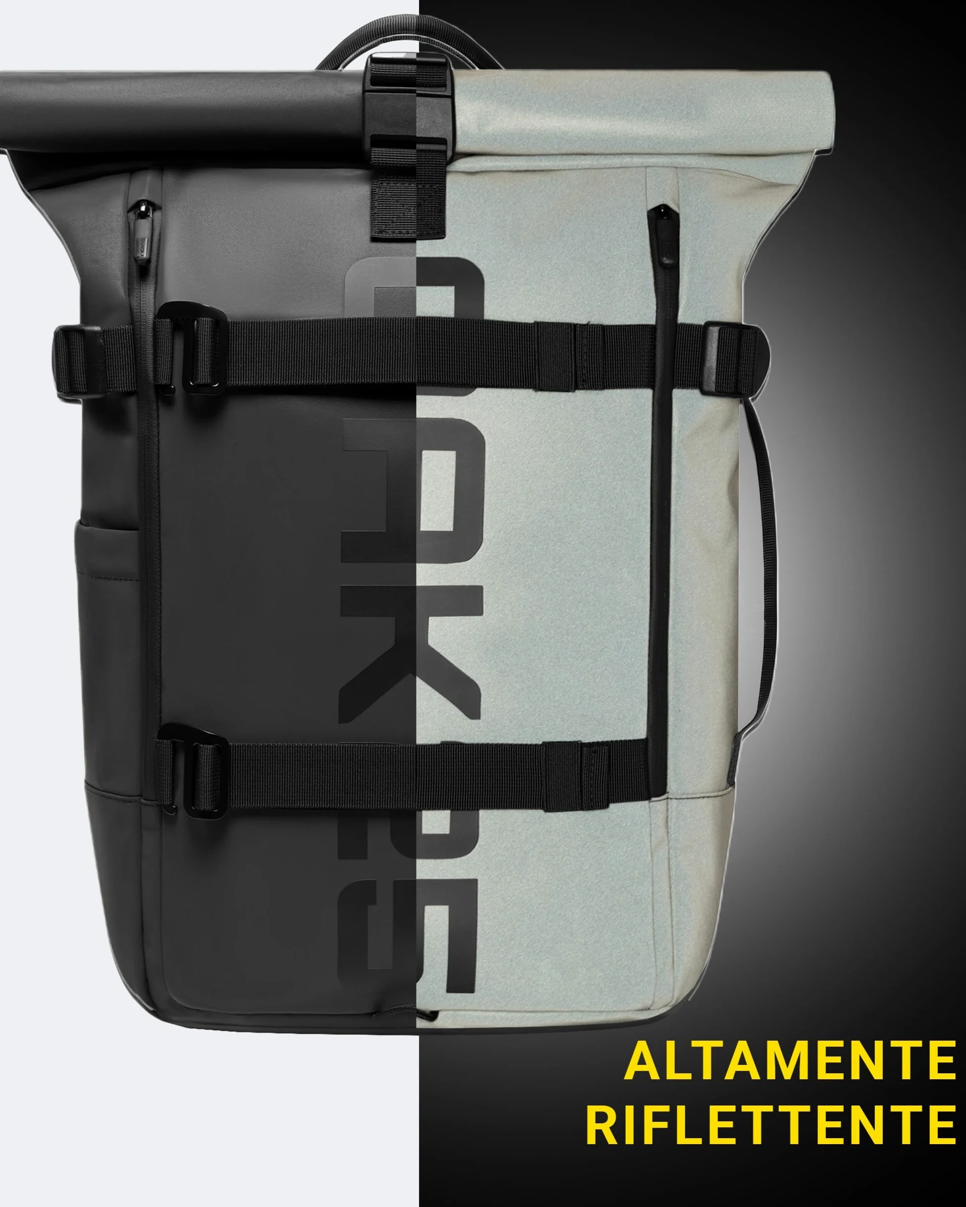 OAK25 Zaino Rolltop Riflettente da Donna & Uomo Nero - Luminite Rolltop - Zaino Roll Top per il Lavoro e la Bicicletta - Scomparto per Laptop fino a 16 Pollici - 23L Riflettente