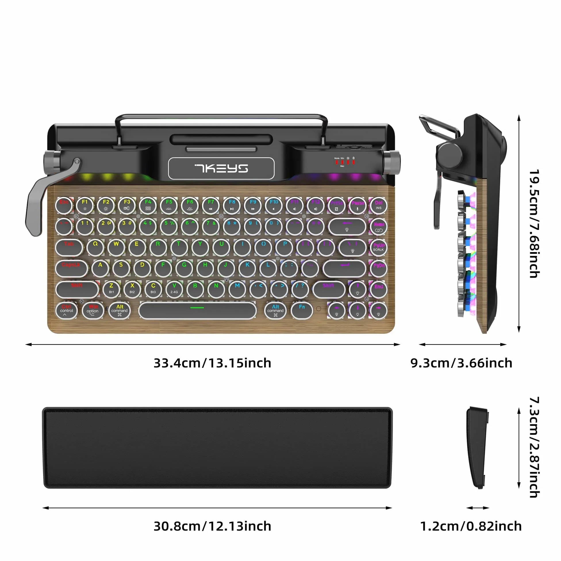 Tastiera in stile macchina da scrivere retrò senza fili meccanica RGB retroilluminata, poggiapolsi confortevole, supporto cablato/Bluetooth 5.0/wireless 2.4G per IPAD/PC/Laptop