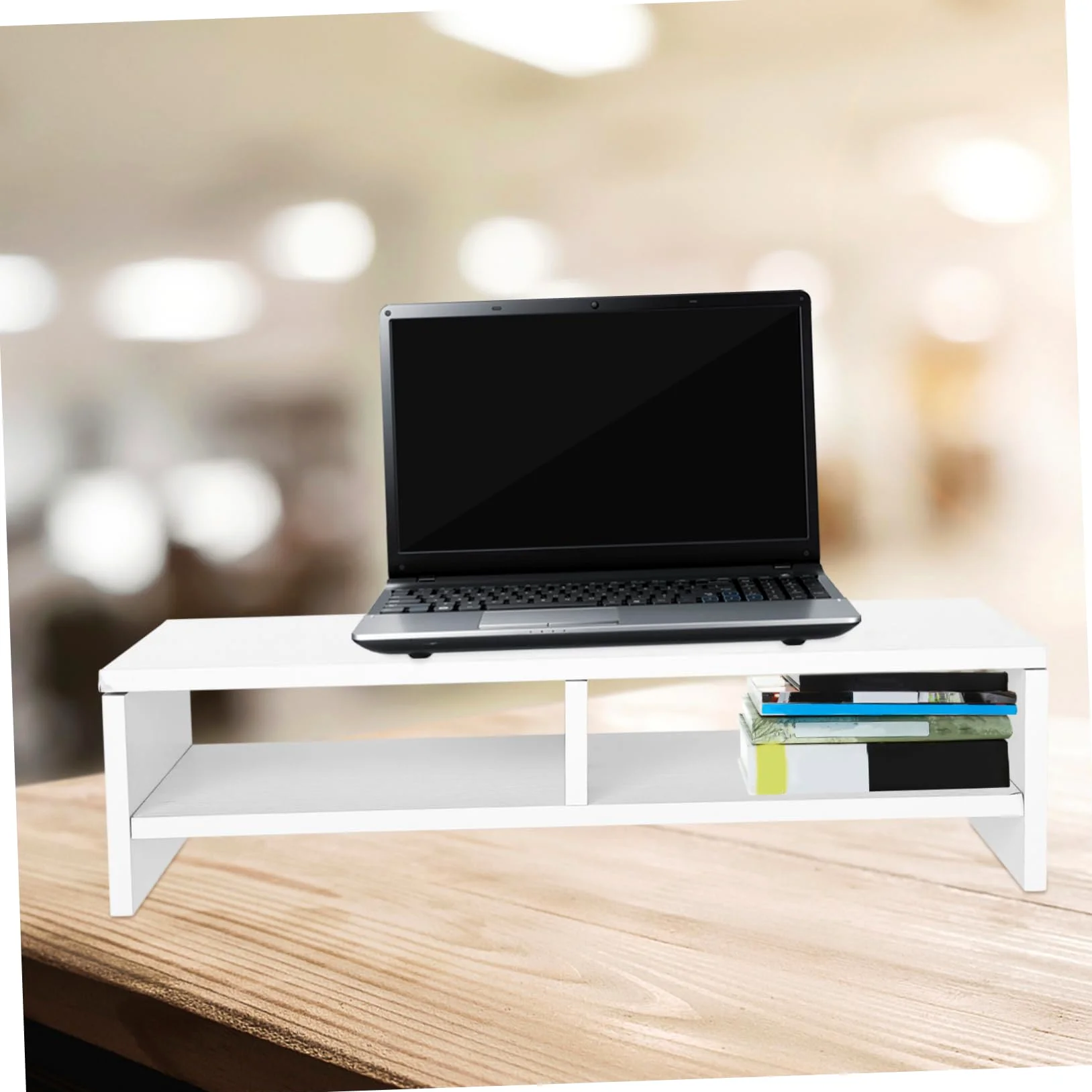 Supporto per Monitor da Scrivania in Legno Bianco Design a Doppio Strato, Rialzo per Computer e Laptop, Organizza Lo Spazio Ufficio in Modo Efficiente e Ordinato