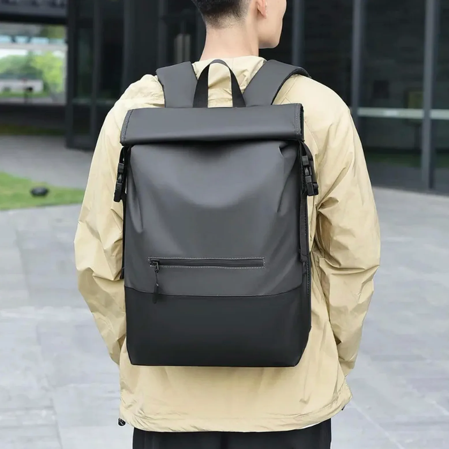 Zaino da Viaggio Premium Uomini Roll Top Business Grande capacità Moda Pendolare Borsa di Viaggio-Black