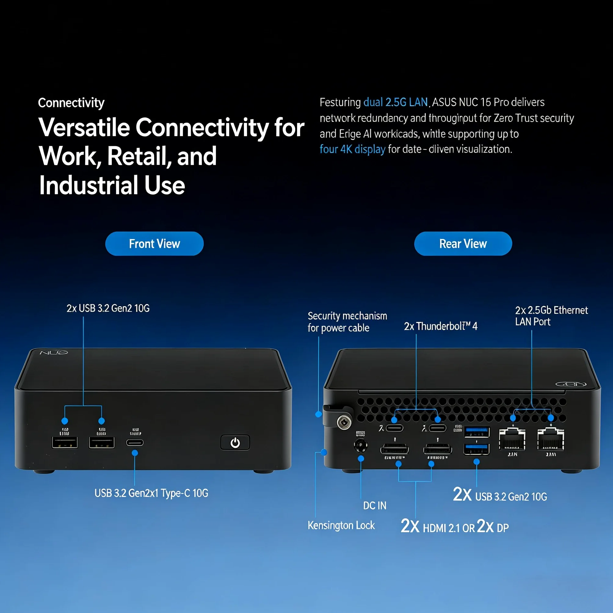 NUC 16 Pro Mini PC NUC16GDKU7, processore Intel Core Ultra 7 356H, Wi-Fi 7, Bluetooth 6.0, Dual 2.5G LAN, Thunderbolt 4, nero, 144 mm x 117 mm x 42 mm (16 GB RAM + 512 GB SSD)