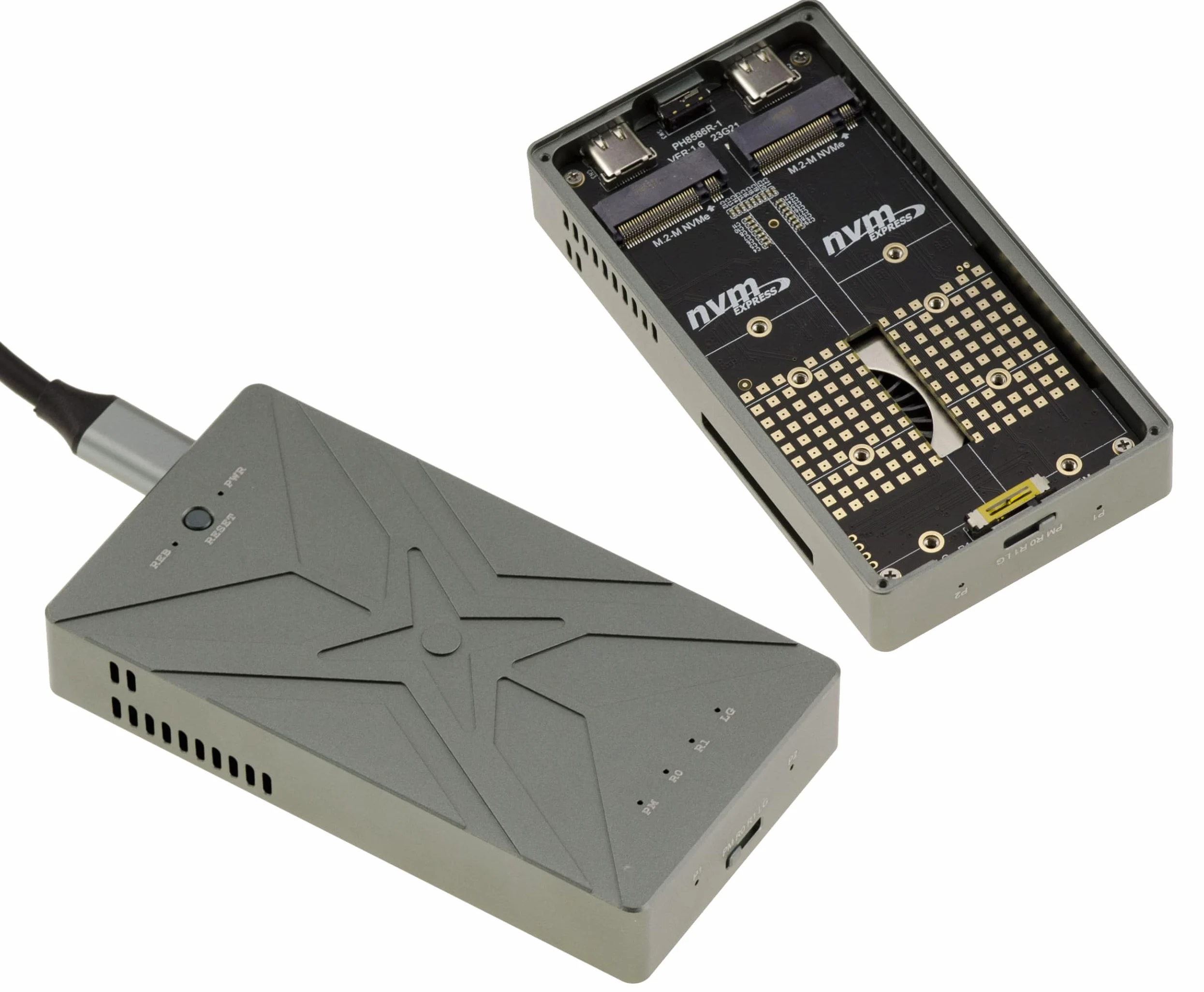 KALEA-INFORMATIQUE Alloggiamento in alluminio USB 3.2 20G per 2 SSD M2 NVMe, standalone o cluster Raid 0 1 Large. con ventola di raffreddamento