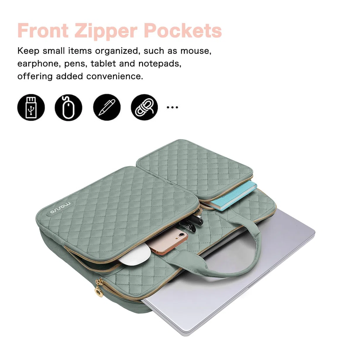 MOSISO 13,3 pollici Custodia Laptop, 13-14 pollici Borsa PC Compatibile con MacBook Air/Pro 13/ Pro 14, HP Dell ASUS Lenovo, Piazza Trapuntato Borsa con 2 Tasche e Maniglia e Cintura, Verde Antico