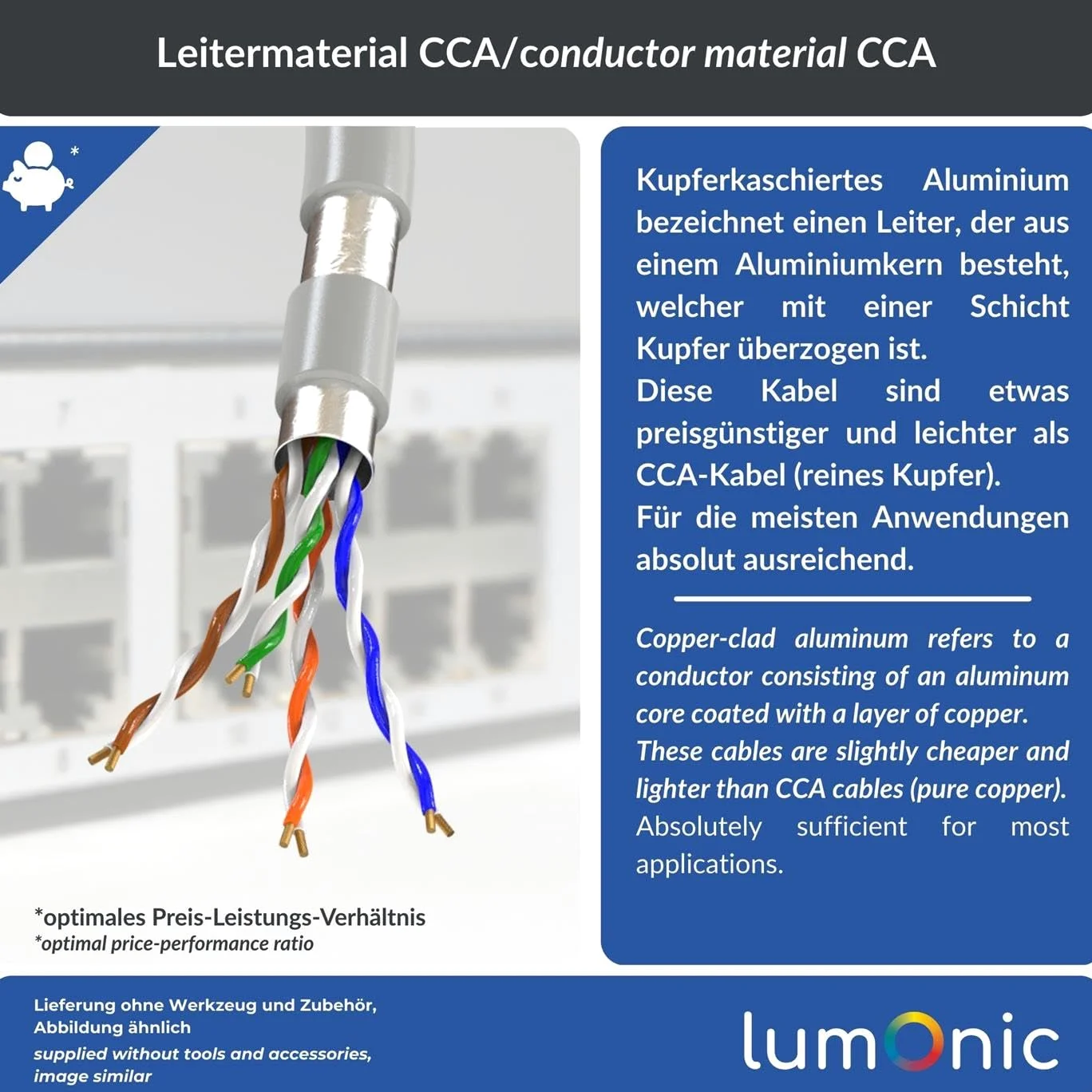 Lumonic LAN Cavo di rete 100m | LAN Cavo CAT6 F/UTP | Cavo Patch 4x 2x AWG26/7 (incagliato) | 250MHz 10 Gbit/s Ethernet