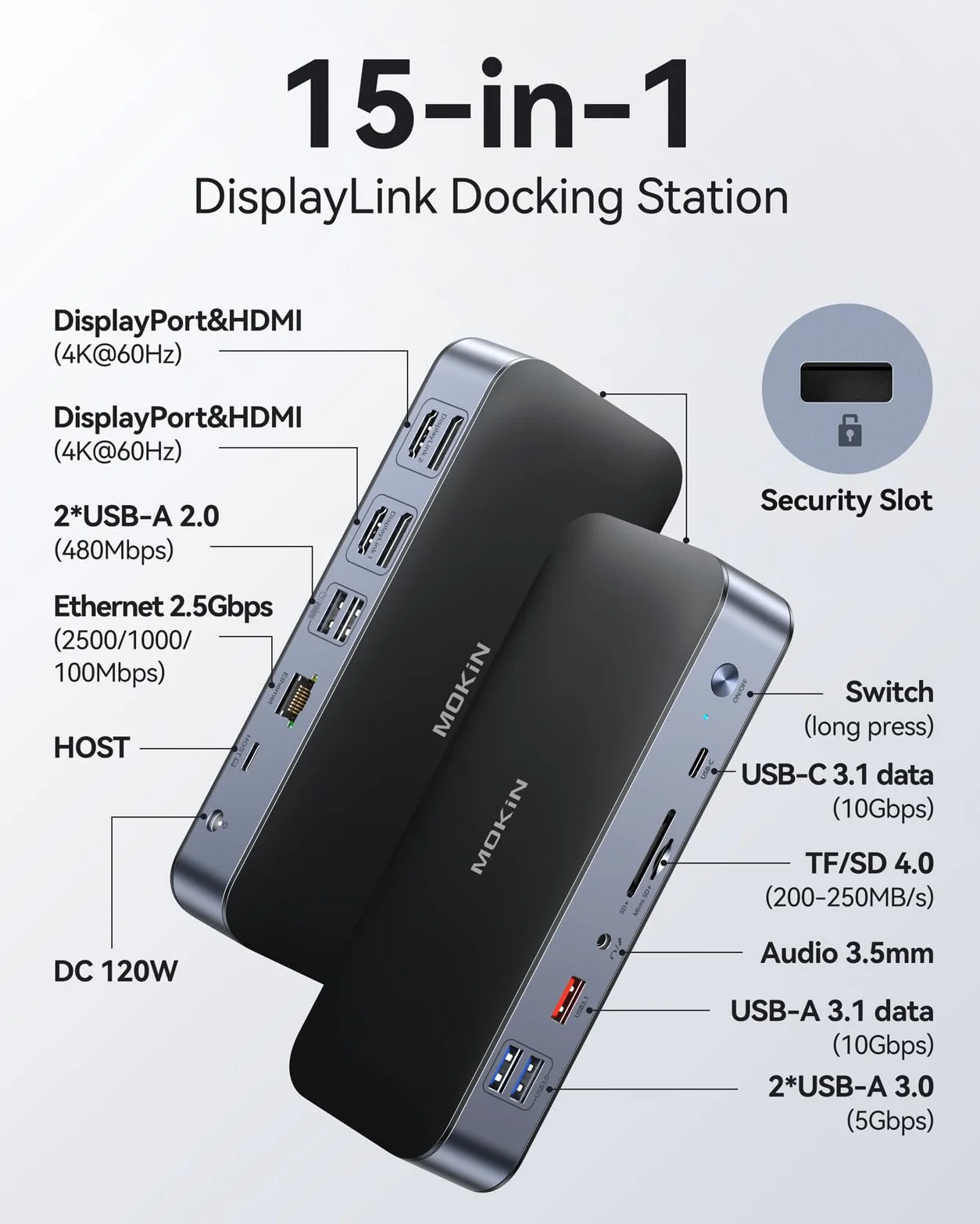 DisplayLink, docking station per MacBook Pro/Air 15 in 1, DisplayLink USB C, docking station per 2 monitor, docking station USB C con 2 HDMI, 2 DP, 2,5 Gbit/s Ethernet, USB 3.1/3.0/2.0, SD/Micro fino