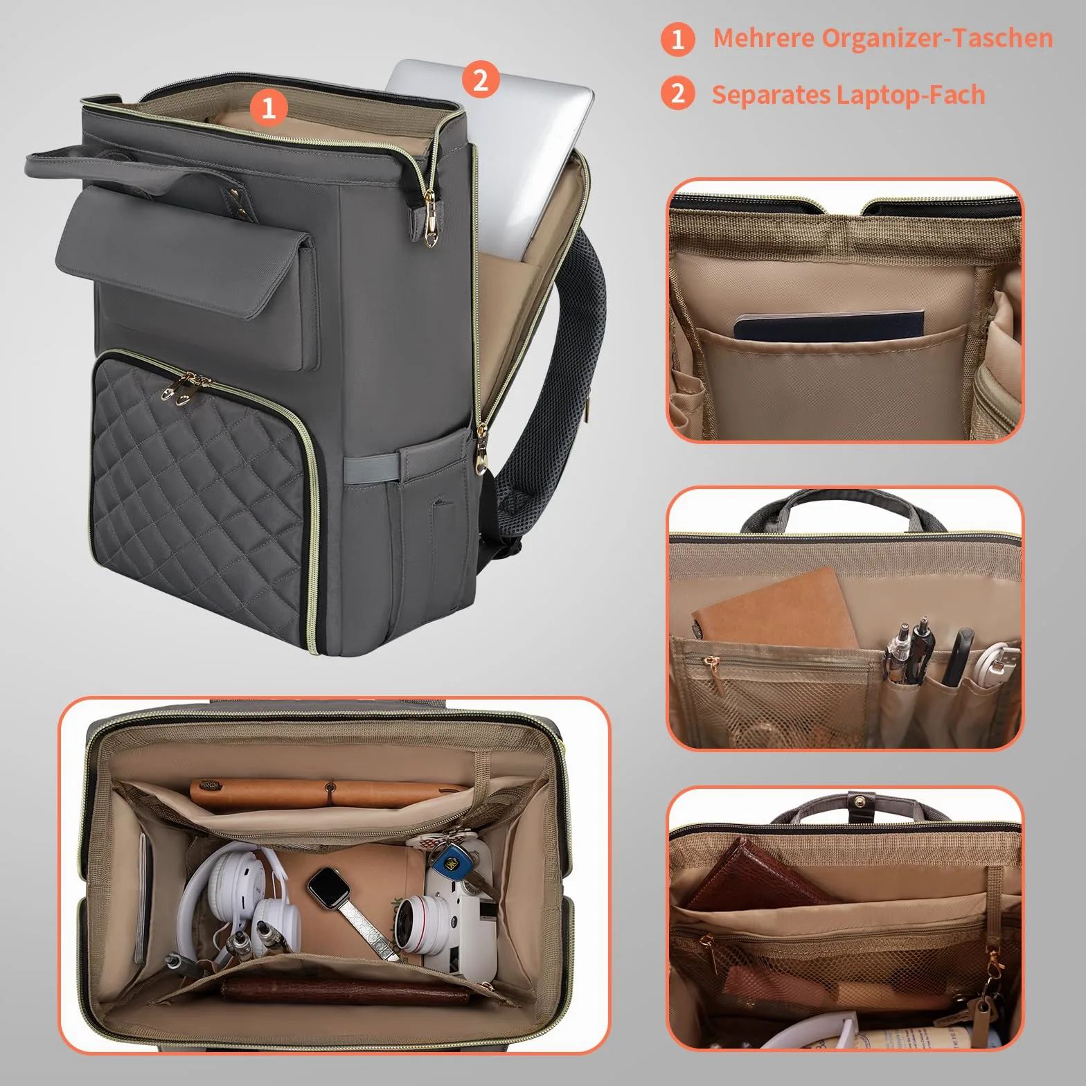 BERTASCHE Zaino per il pranzo, per laptop da donna da 15,6 pollici, con borsa termica isolata, zaino da lavoro 2 in 1, per donne, lavoro, lavoro, viaggi, insegnanti, scuola, università, grigio chiaro