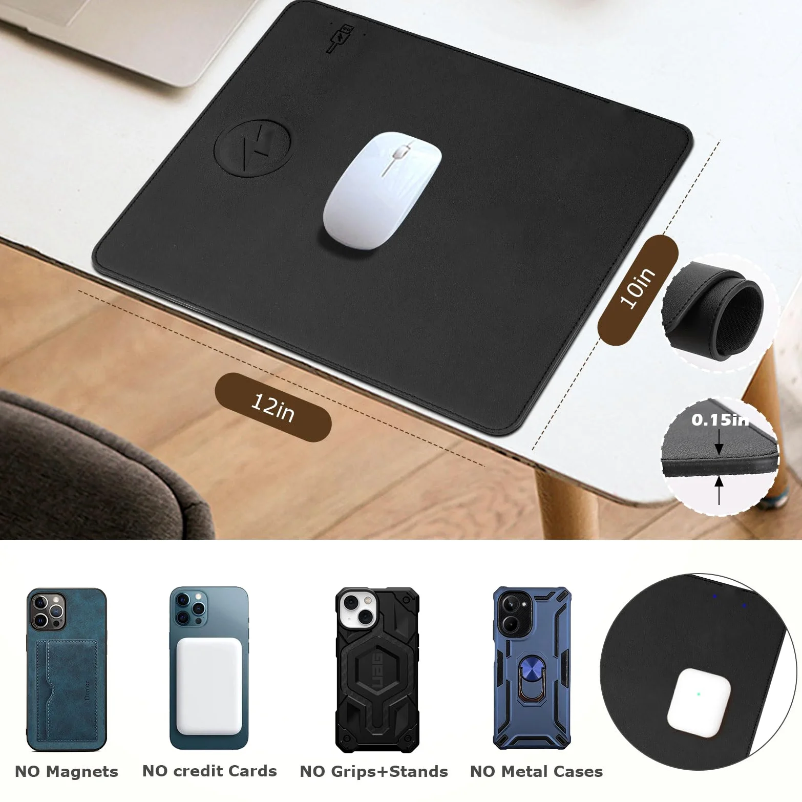 Tappetino per mouse con ricarica wireless, 2 in 1, multifunzione, in pelle, con base in gomma antiscivolo, impermeabile, per computer, ufficio, lavoro, casa, decorazione (30,5 x 25,4 cm