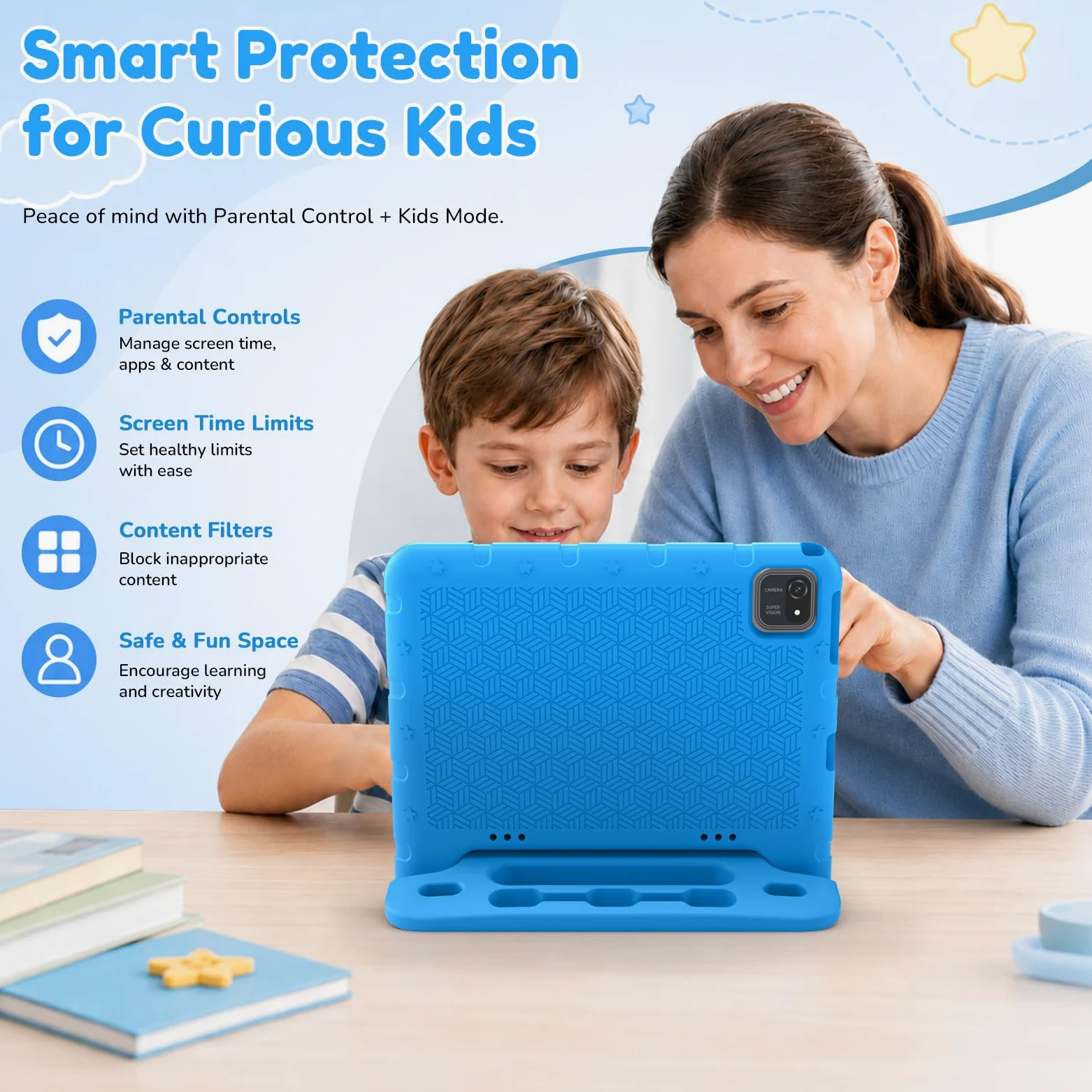 EDDBNi Tablet per bambini Android 15 Tablet da 10 pollici per bambini con custodia Quad Core 64 GB doppia fotocamera controllo parentale 2.4G WiFi compresse educative (blu)