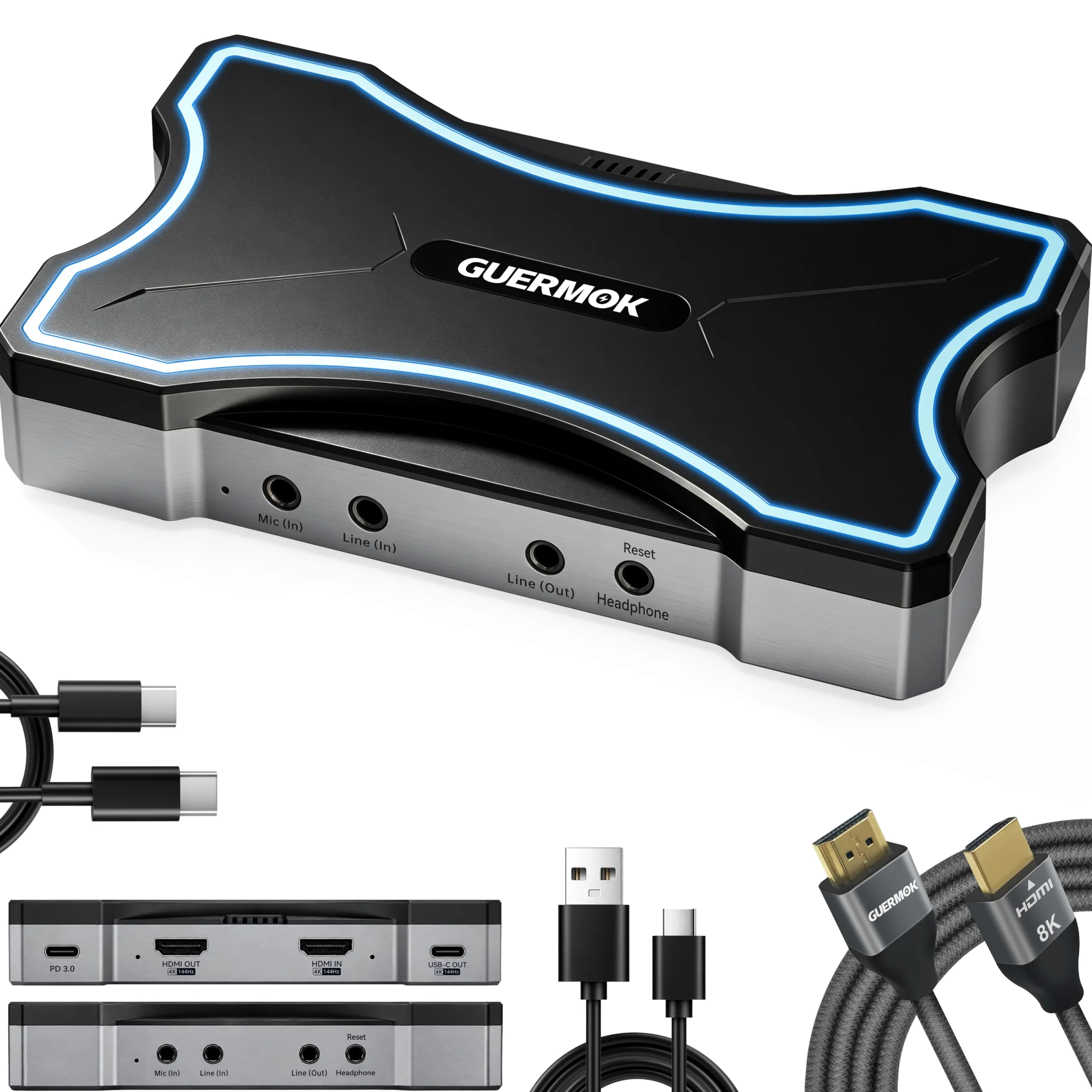 Guermok Scheda di acquisizione HDMI 2.1 4K144, acquisizione video RGB24 4K30FPS, HDR10/VRR | PD100W, USB3.2 Gen2, 2K240/1080P360 Pass-Thru, Mic/Line In, Line Out, per PS5/4/Xbox1/Switch 2/PC/Mac/iPad, OBS Stream/Record