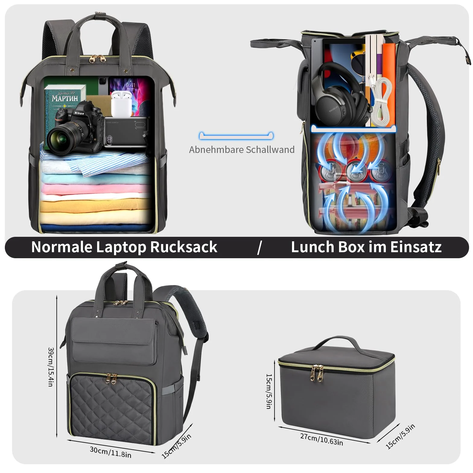 BERTASCHE Zaino per il pranzo, per laptop da donna da 15,6 pollici, con borsa termica isolata, zaino da lavoro 2 in 1, per donne, lavoro, lavoro, viaggi, insegnanti, scuola, università, grigio chiaro