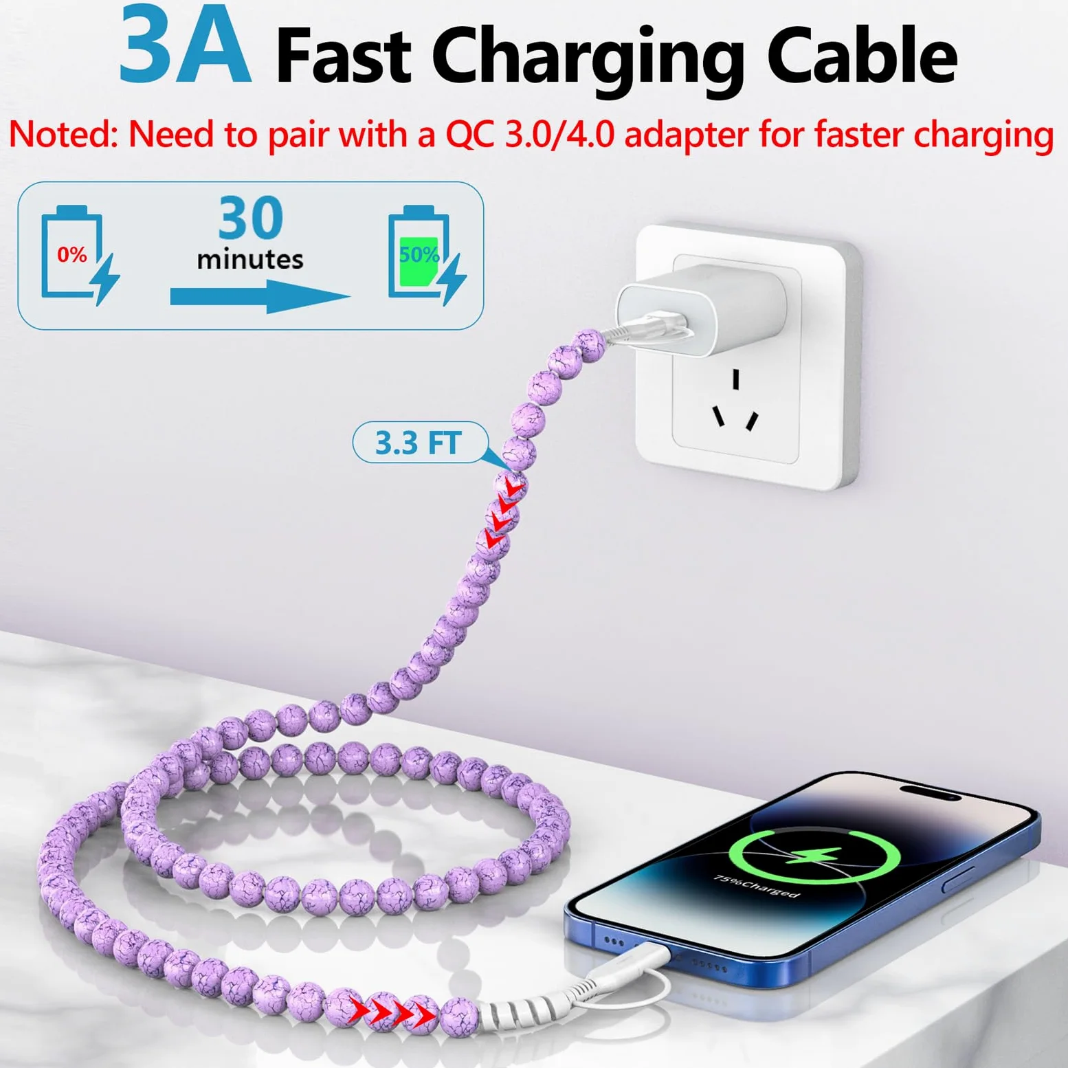 HianDier Cavo USB C [certificato MFI] Multi 4 in 1 per iPhone cavo di ricarica rapida 0,9 m durevole turchese perline USB A tipo C iOS cavo di ricarica per iPhone 16 15 14 13 Pro Max iPad Galaxy S25