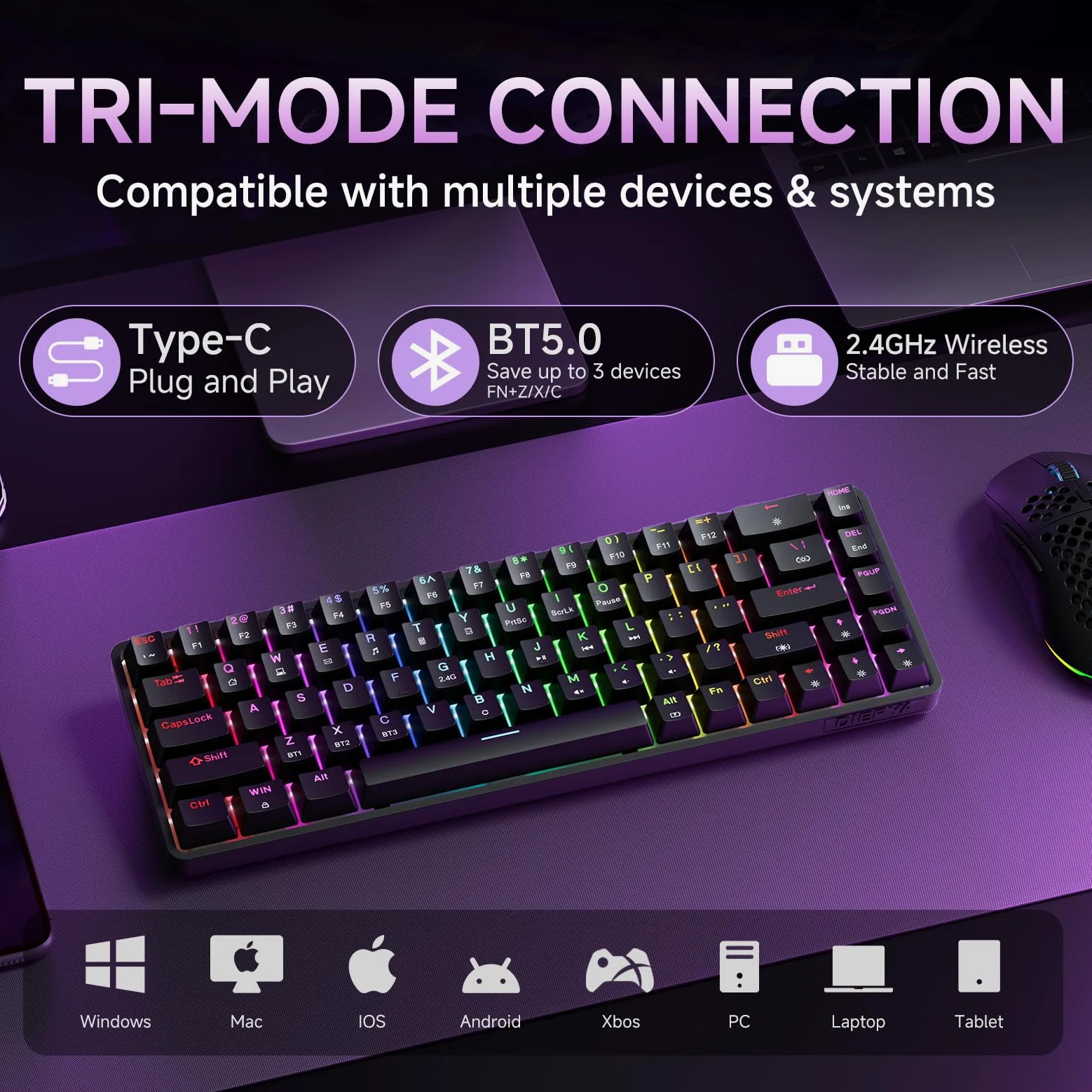 Dierya DK68 Tastiera Gaming Wireless,60% Tastiera Meccanica Bluetooth/2.4G/USB-C RGB,Interruttore Rosso,Double-Shot ABS Keycaps Compatibile con Win/Mac,Nero(Layout US,QWERTY)