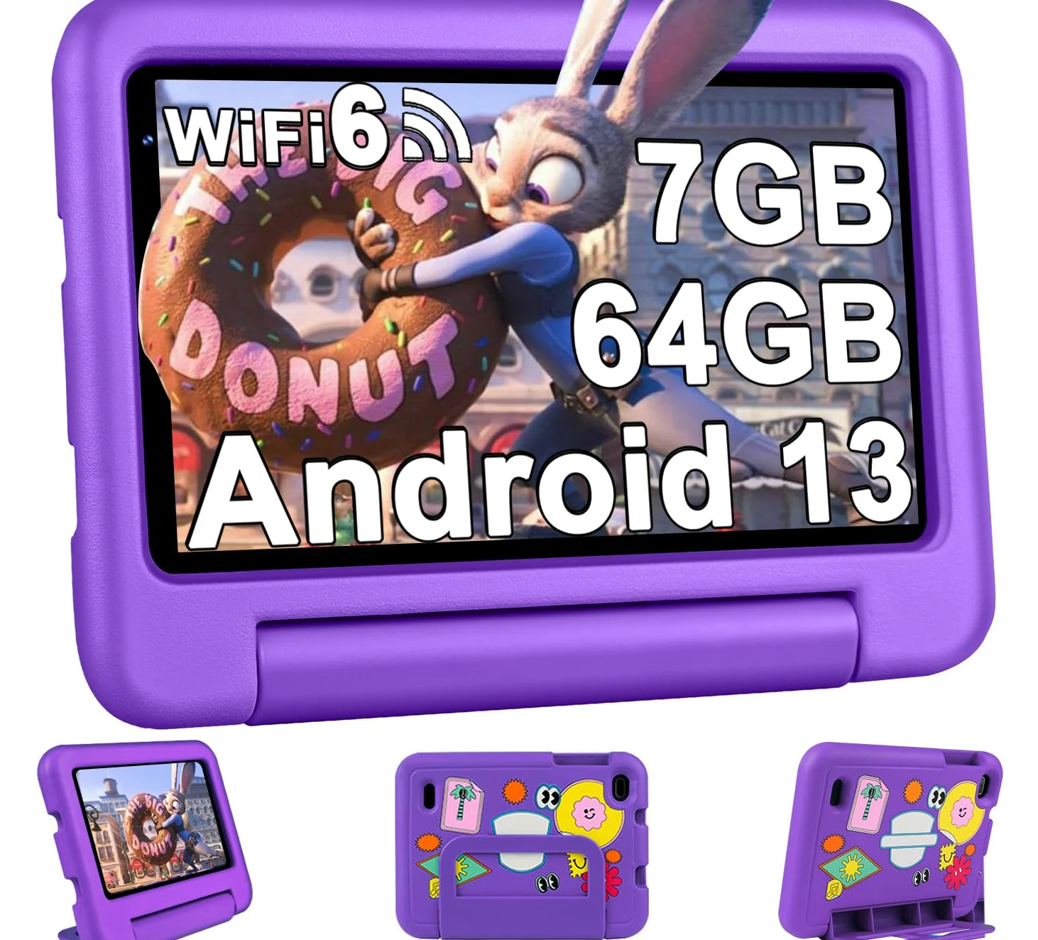 Tablet Bambini 7 pollici Android 13, 7GB RAM + 64GB ROM/TF 1 TB, Wi-Fi 6, BT 5.0, 8-core, Batteria 3500mAh, Controllo Parentale, Doppia Fotocamera, GMS, Tablet Bambini Con Custodia in EVA - Viola